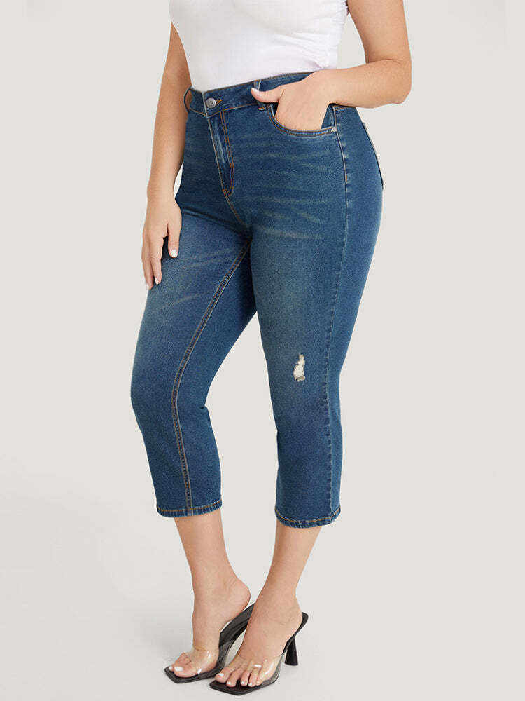 Very Stretchy High Rise Medium Wash Ripped Detail Cropped Jeans