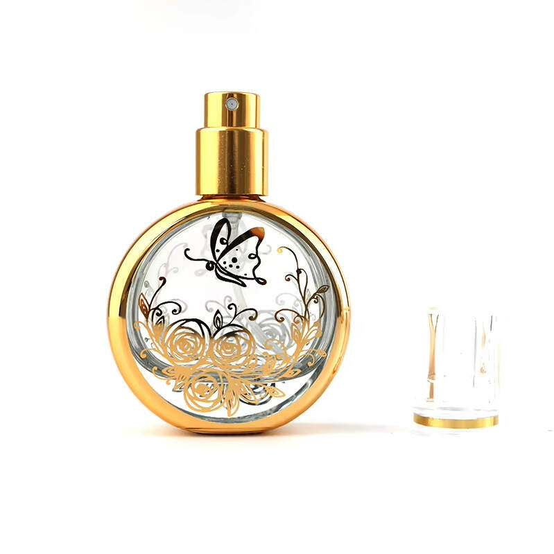 Gold Trim Round Butterfly Rose Refillable Perfume Atomizer