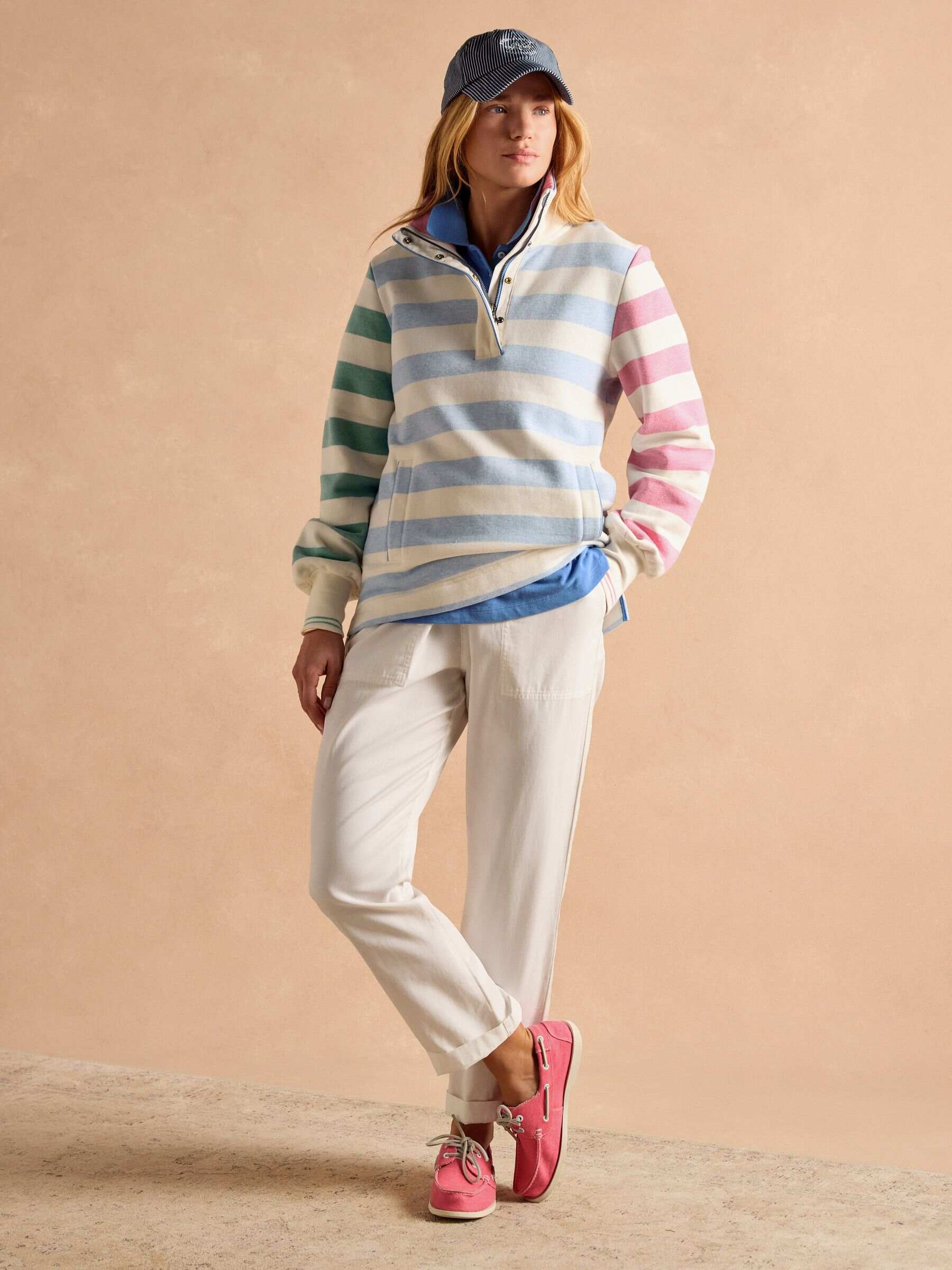 Burnham White & Blue Stripe Cotton Funnel Neck Quarter Zip Sweatshirt