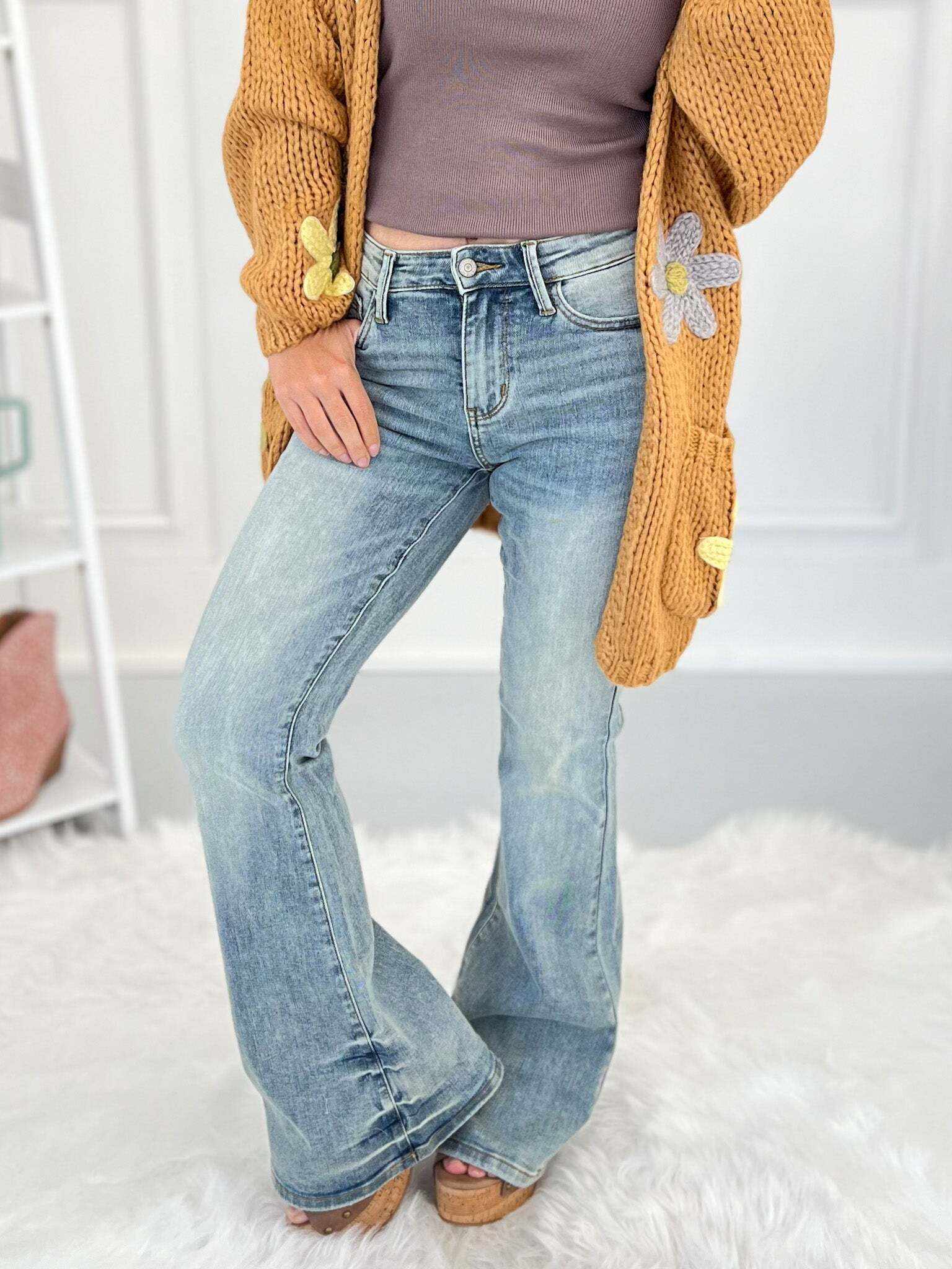 Just The Right Shade - Christmas Tinted Pin Tack Detail Flare Jeans- Final Sale