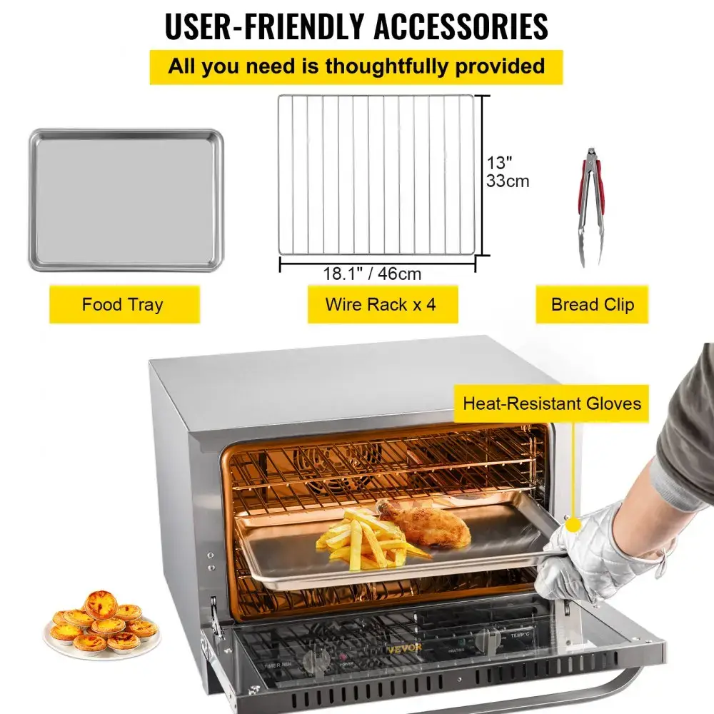 Commercial Convection Oven, 66L/60Qt, Half-Size Conventional Oven Countertop, 1800W 4-Tier Toaster with Front Glass Door, Electric Baking Oven with Trays Wire Racks Clip Gloves, 120V, ETL Listed