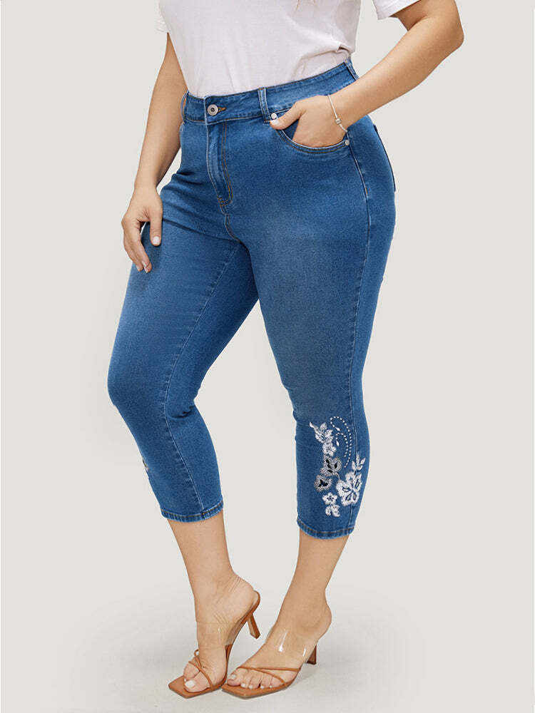 Very Stretchy High Rise Medium Wash Embroidered Cropped Jeans