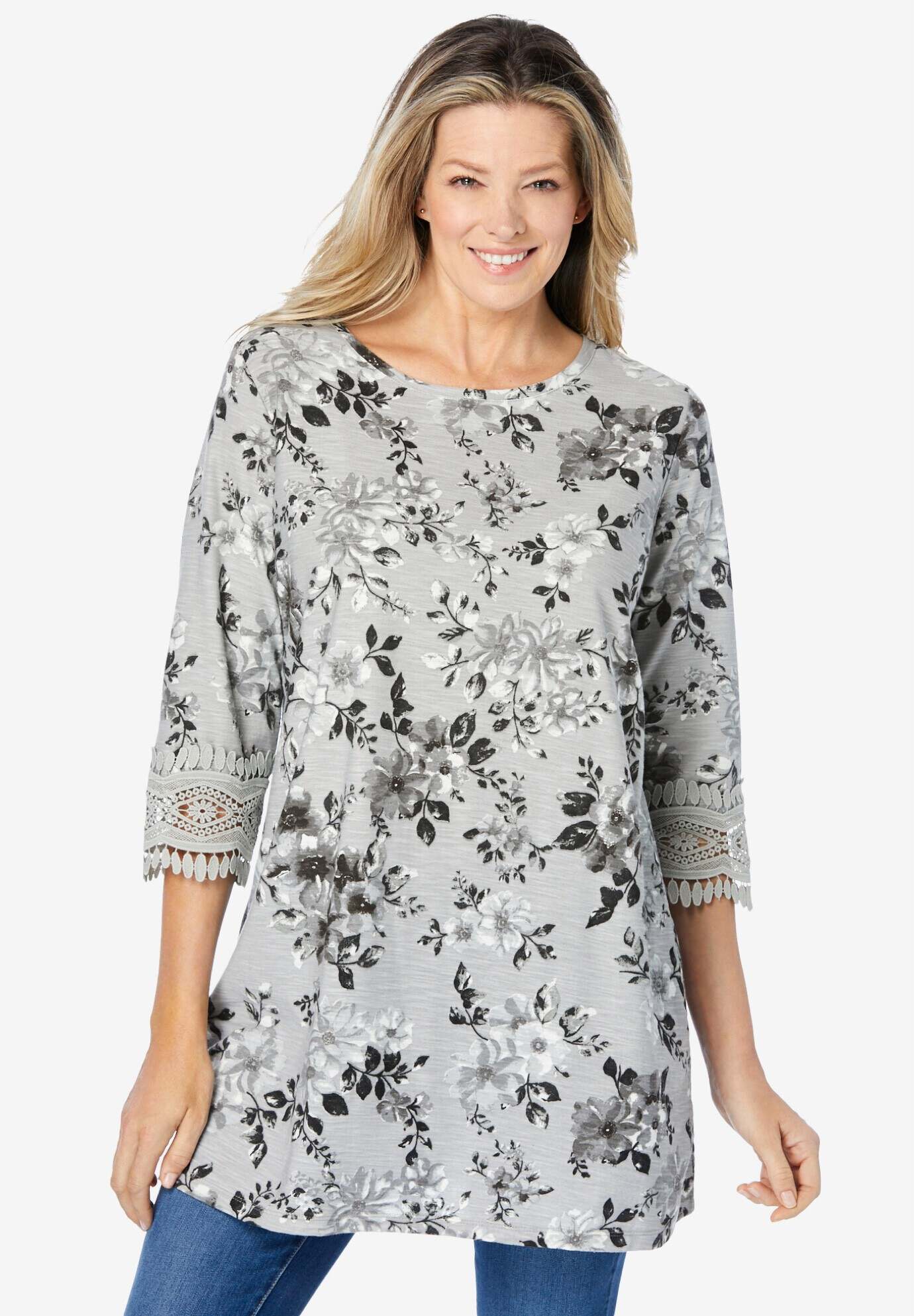 Crochet-Trim Three-Quarter Sleeve Tunic