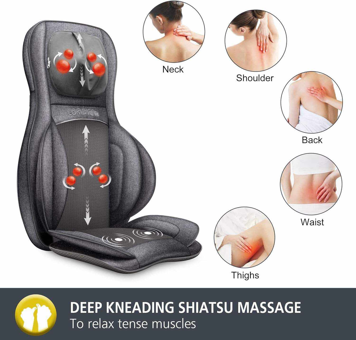 COMFIER Shiatsu Neck Back Massager with Heat and Compression, App Control 2D or 3D Deep Tissue Kneading Massage Chair Pad, Chair Massager for Full Body Pain Relief, Ideal Gifts,Grey