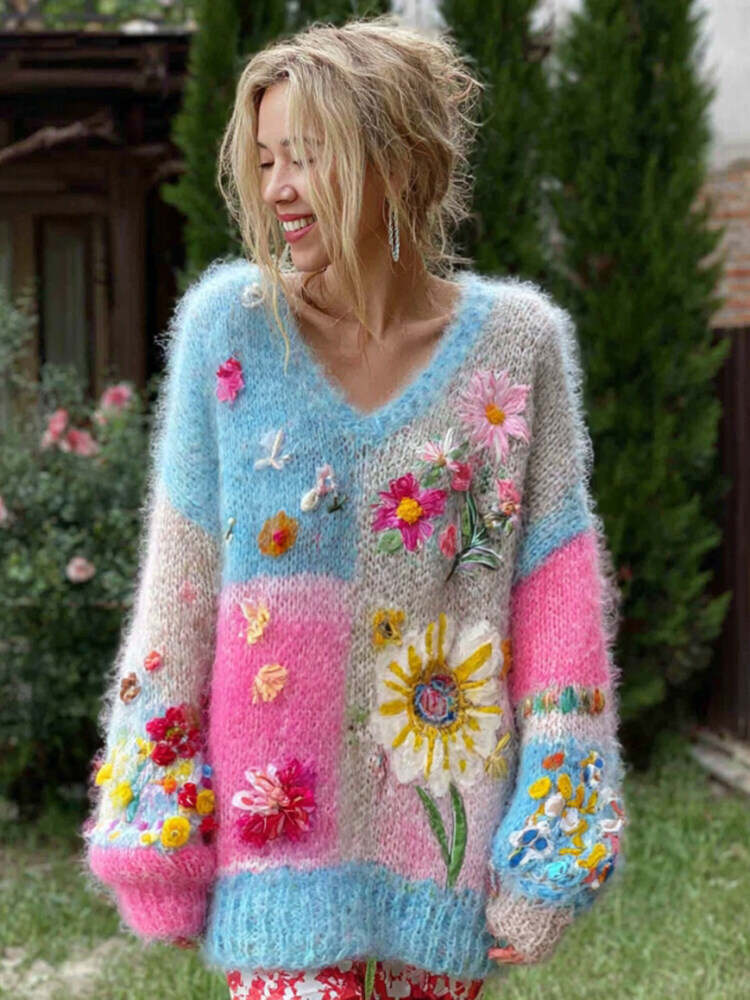 Women's Vintage Floral Embroidery Patchwork Art V-neck Pullover Knit Sweater