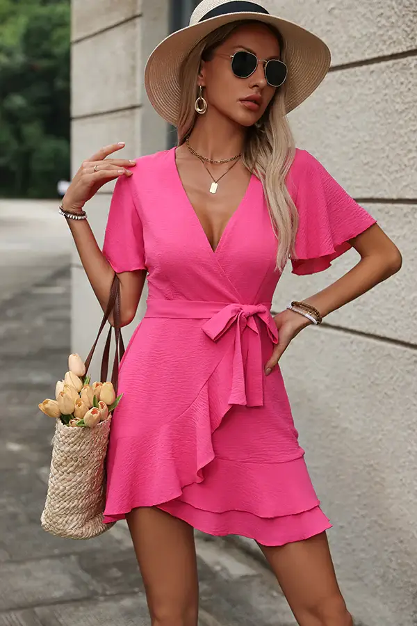 Solid Deep V Neck Ruffle Hem Mini Dress