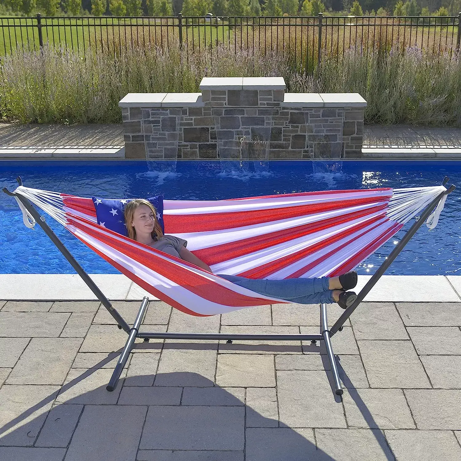 Double Cotton Hammock with Space Saving Steel Stand, Tropical (450 lb Capacity - Premium Carry Bag Included)