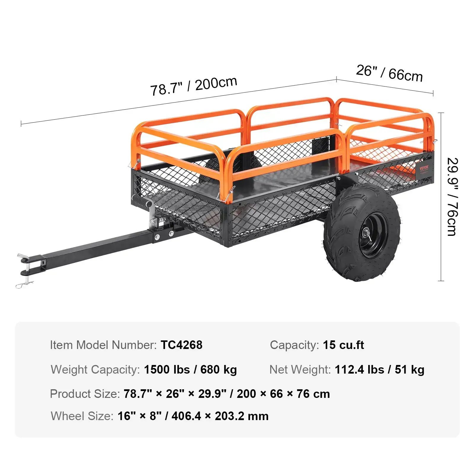 Heavy Duty Steel ATV Dump Trailer 1500-Pound Load Capacity 15 Cubic FeetTow Behind Dump Cart Garden Trailerwith Removable Sides and 2 Tiresfor MowersTractorsATVUTV