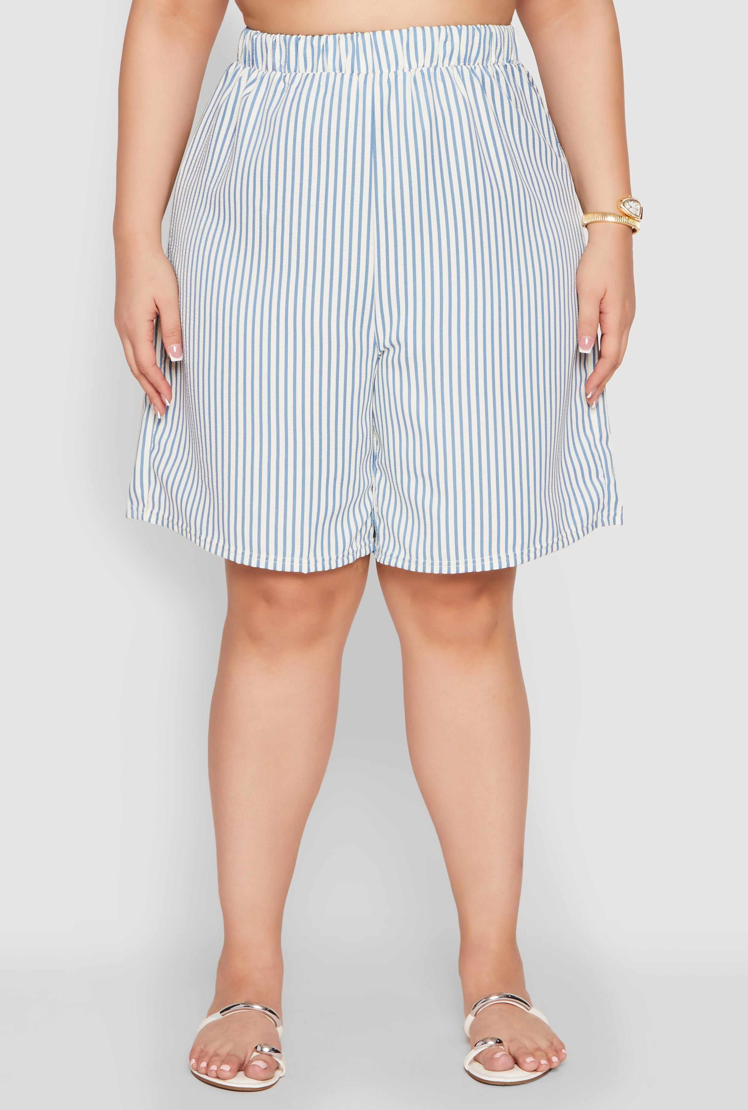 Plus Size Striped Seersucker Bermuda Shorts