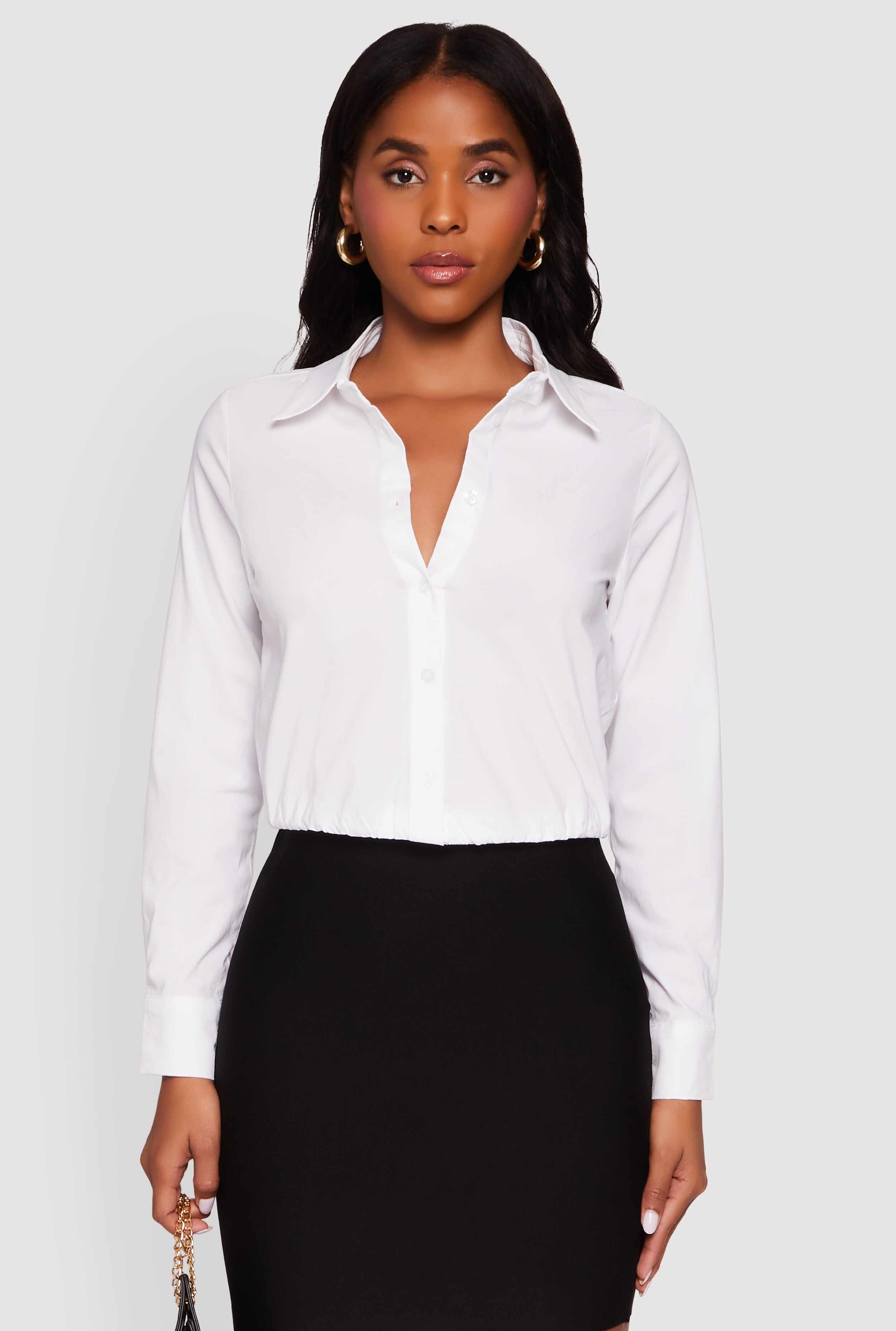 Cropped Button Front Elastic Hem Blouse