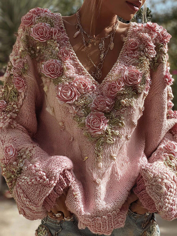 Women's Vintage Pink Rose Chunky Knit V-neck Sweater