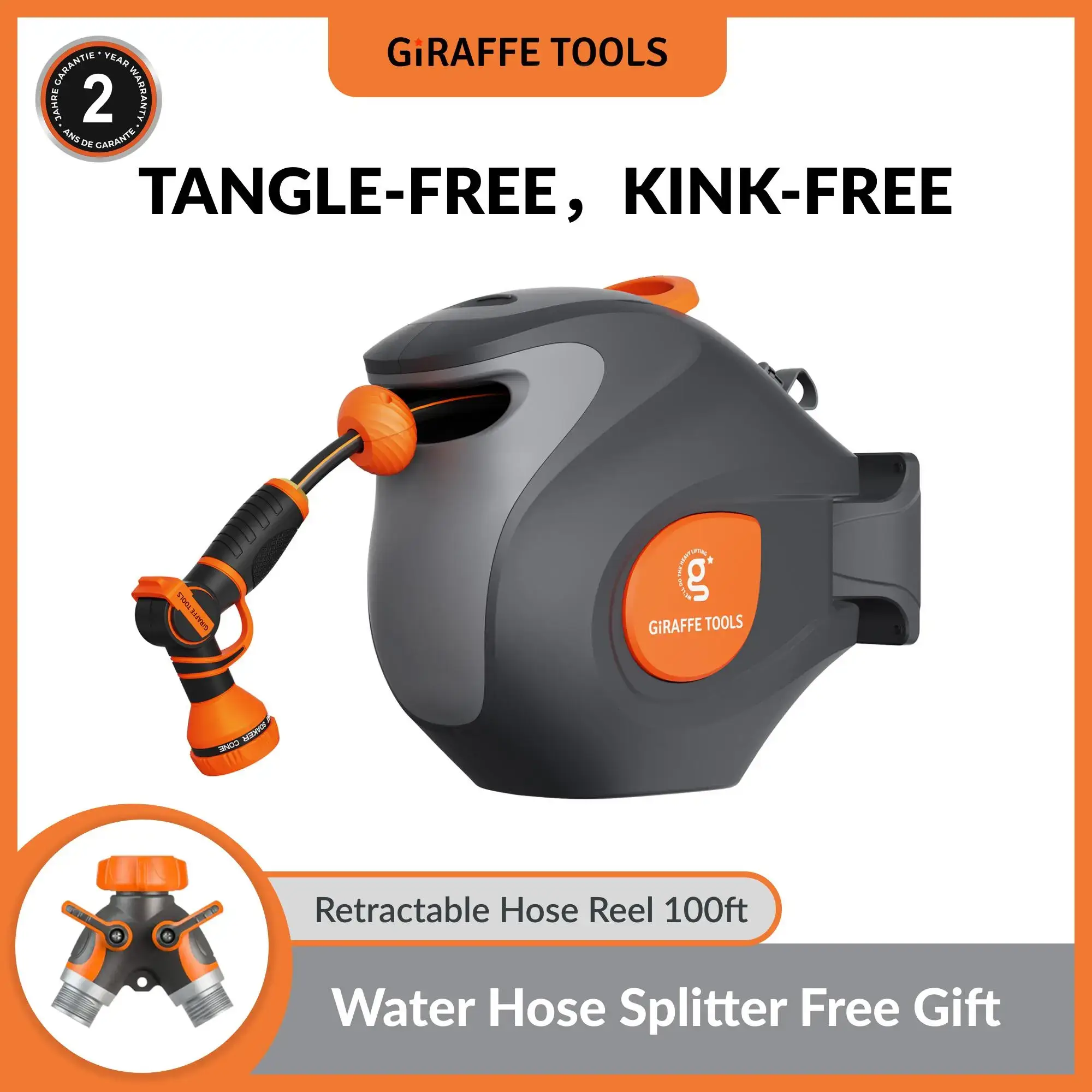 Giraffe Tools Tangle-Free Kink-Free Retractable Hose Reel 90ft-130ft AW Series Outdoor with DS Trigger Mechanism & G-Self-Layering System Adjustable Nozzle