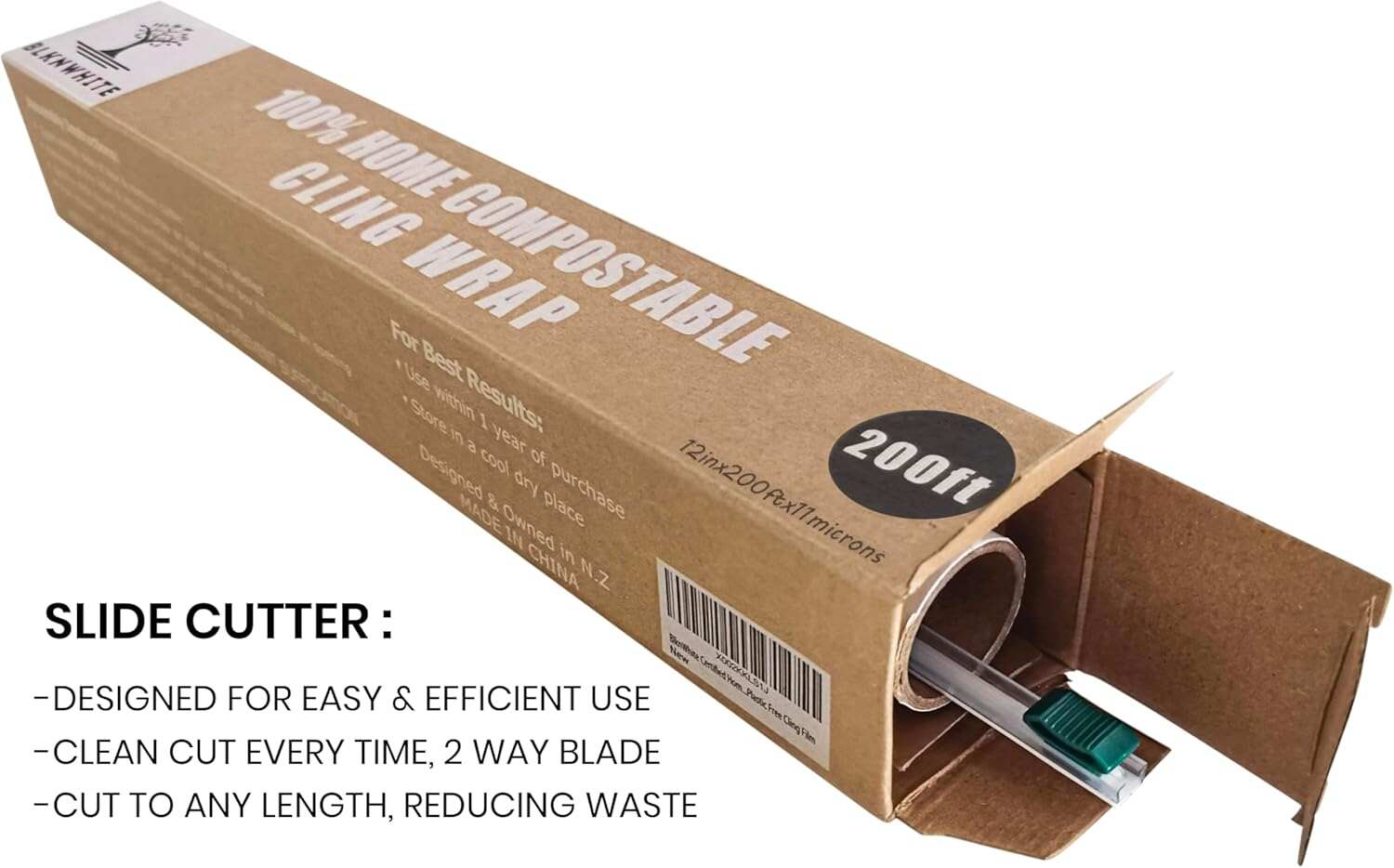 BlknWhite Certified Compostable Cling Wrap with Slide Cutter - 12