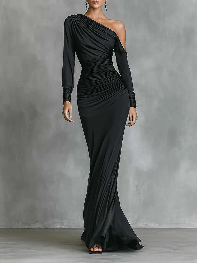 Black Elegant Satin One - Shoulder Ruched Mermaid Maxi Dress
