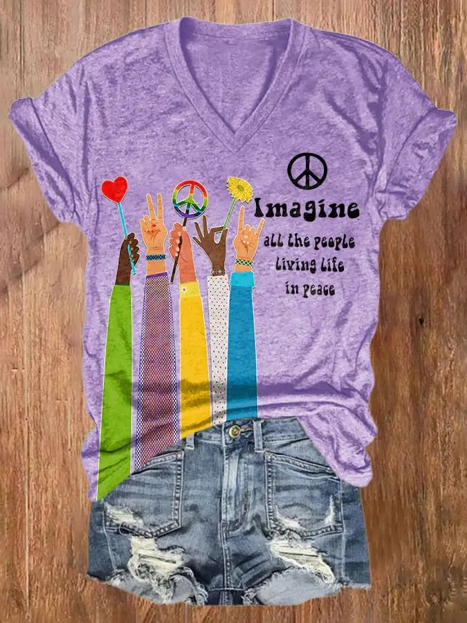 V-neck Retro Hippie Imagine All The People Living Life In Peace Print Shirt