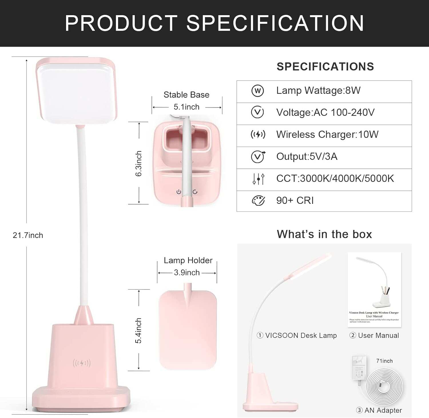 Desk Lamp with Wireless Charger, LED Desk Lamps for Home Office, 800 Lumens, Small Desk Lamp with Pen Holder, Flexible Arm, 3 Modes, Dimming, Touch Lamp for College Dorm Room