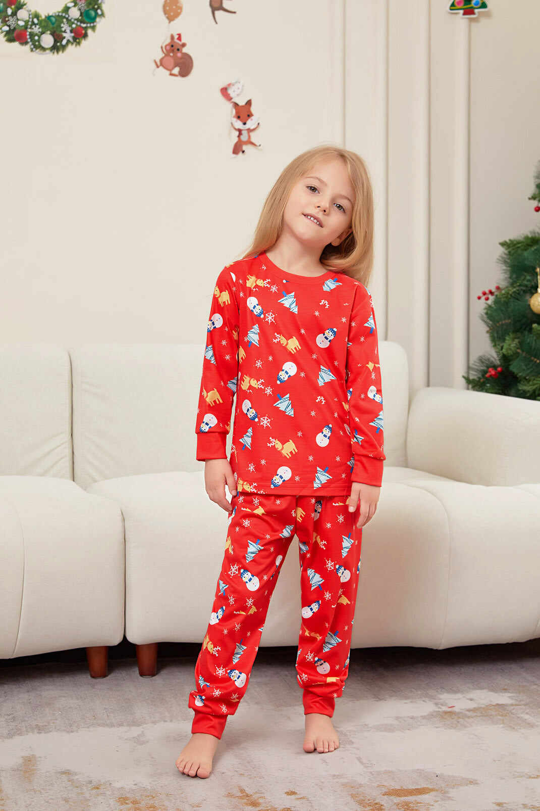 Family Parent-Child Christmas Tree Snowman Deer Printed Pajamas Set