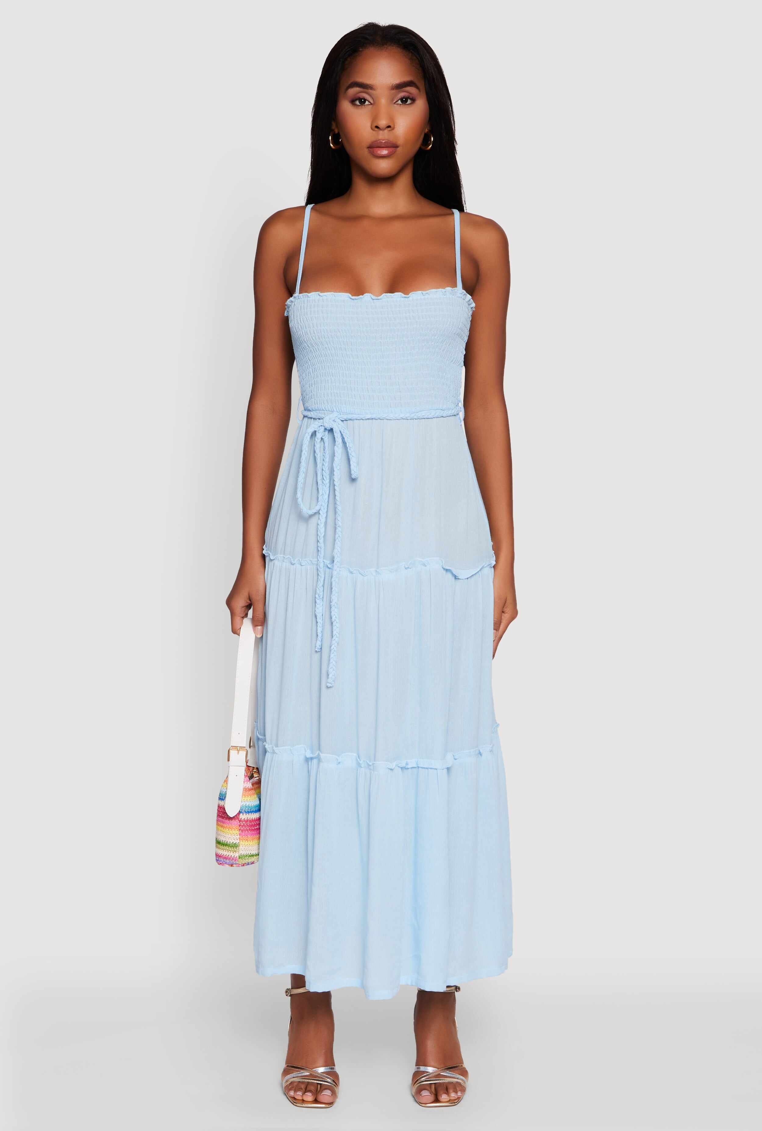 Tiered A-Line Maxi Dress with Tie Waist Belt