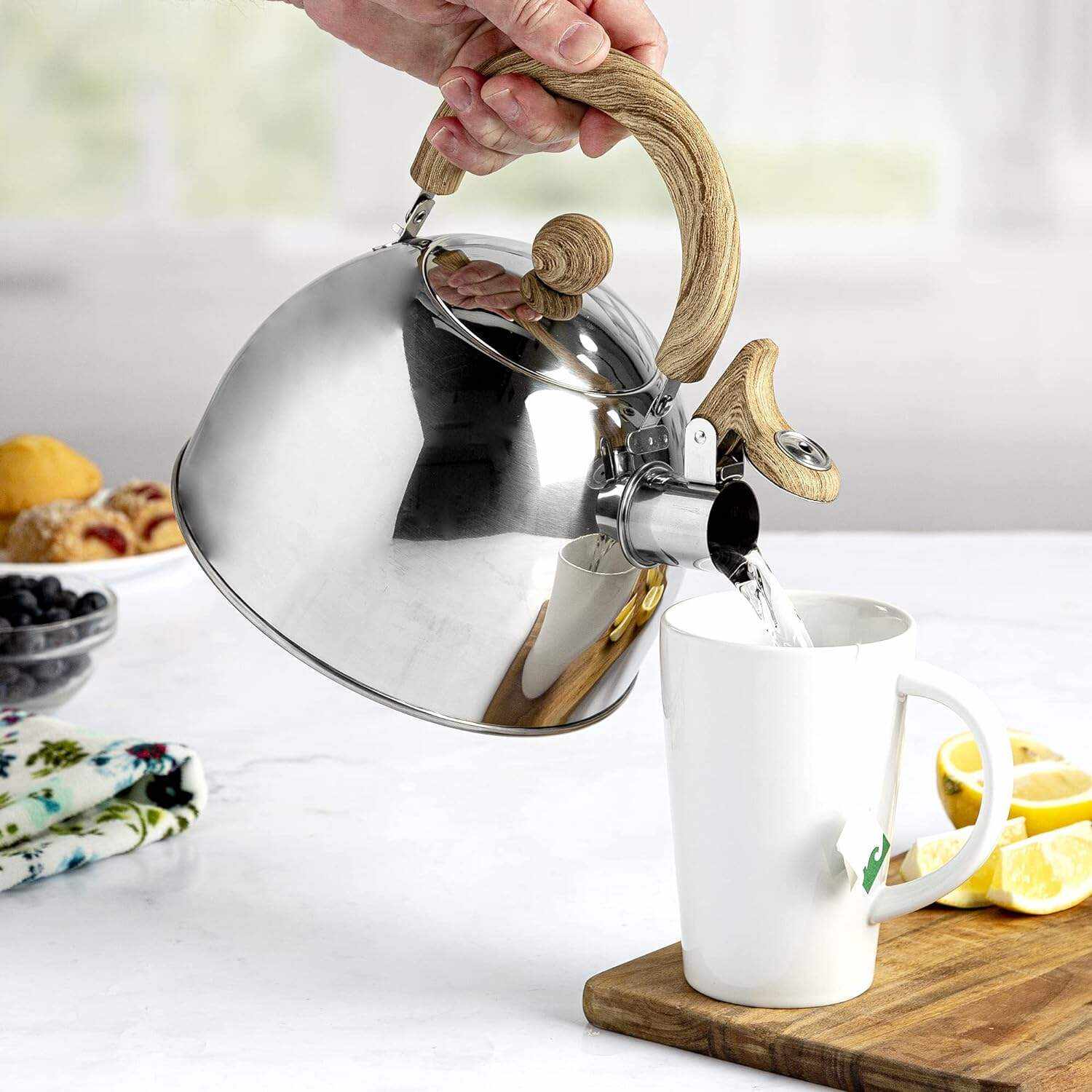 Primula Stewart Whistling Stovetop Tea Kettle Food Grade Stainless Steel, Hot Water Fast to Boil, Cool Touch Folding, 1.5-Quart, Brushed with Black Handle