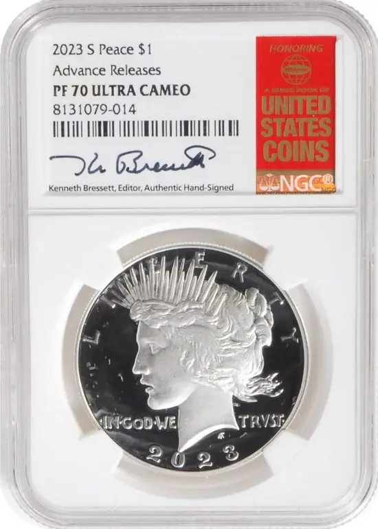 2023 6 PC Morgan and Peace Silver Dollars NGC MS70/PF70/ Reverse PF70 Advance Releases signed by Kenneth Bressett