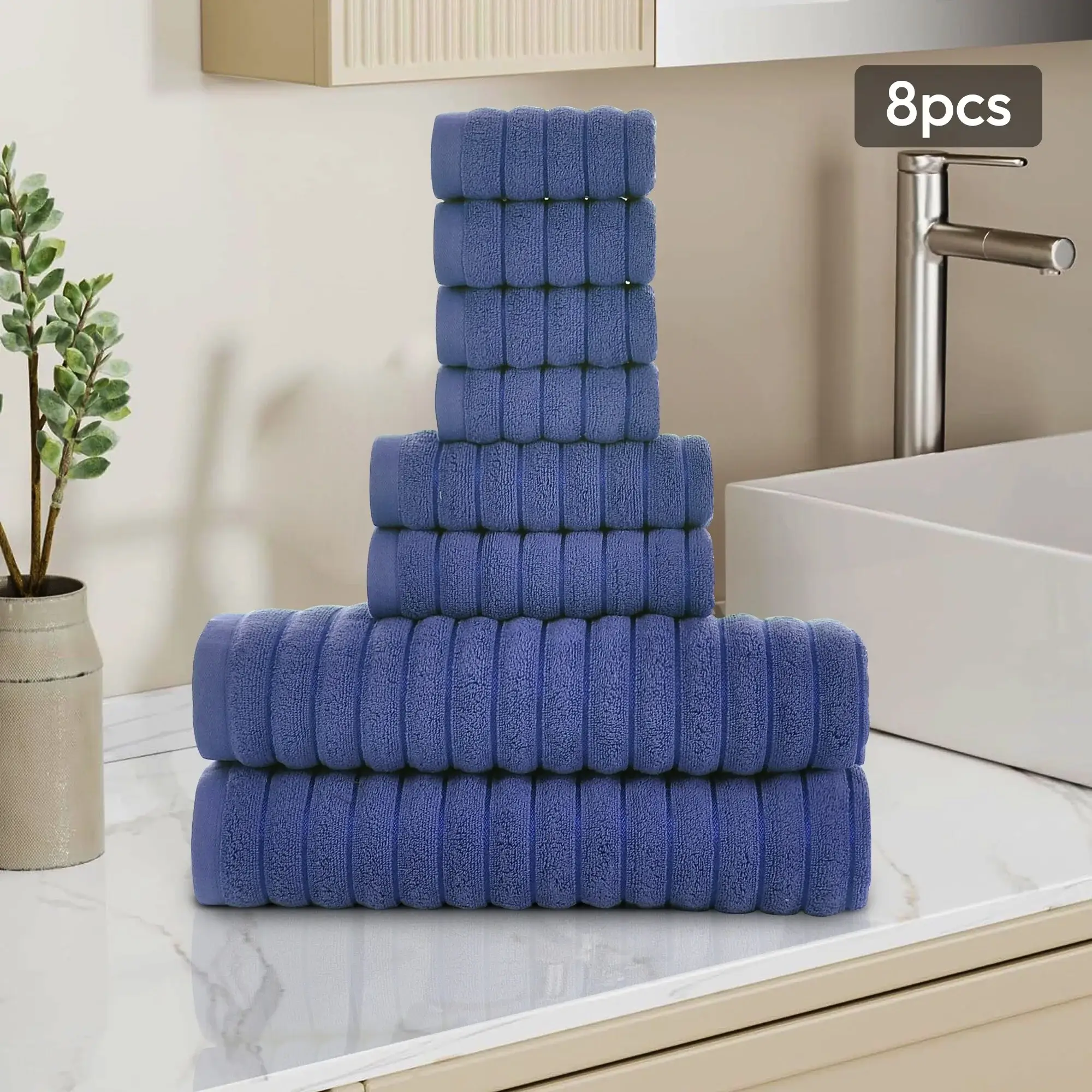 8 Piece Oversized Bath Towel Set, 100% Cotton Bath Towels, Highly Absorbant Bordered Towels