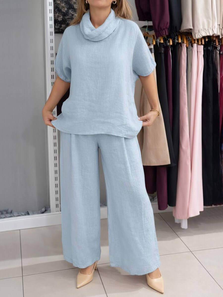 🔥Summer Arrivals🌟Women's Solid Color Stand-up Collar Short-sleeved Casual Loose Cotton Linen Top And High-waisted Casual Loose Cotton Linen Wide-
