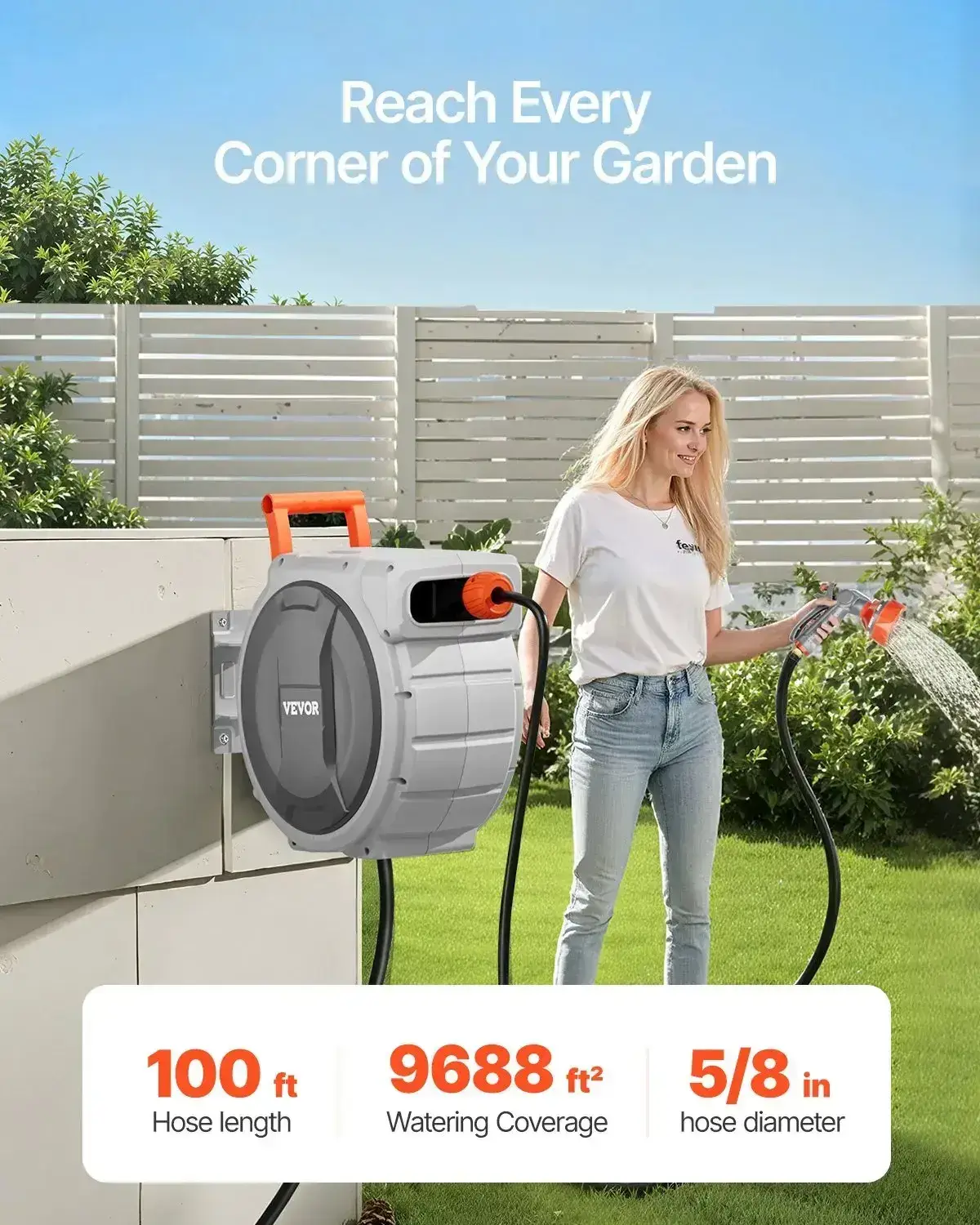 Retractable Garden Hose Reel,  5/8 Inch x 100 ft Wall Mounted, Heavy Duty with 9-Pattern Nozzle, Adjustable Length Lock, Upgraded Slow Return System & 180° Swivel Bracket