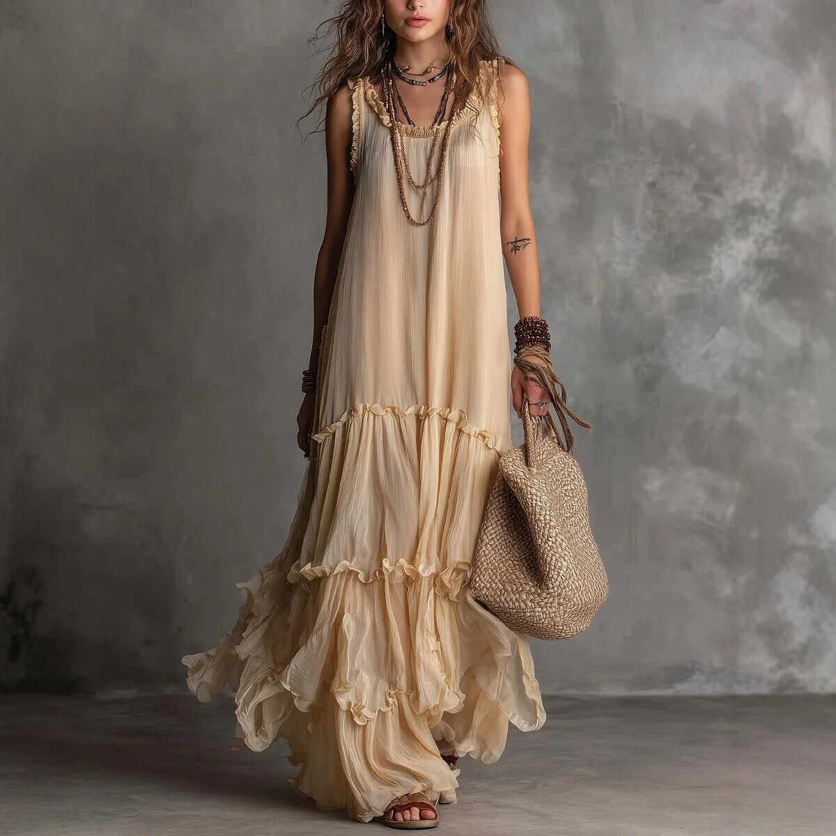 Boho Tiered Ruffle Chiffon Maxi Dress – Sleeveless Flowy Beige Summer Sundress for Women