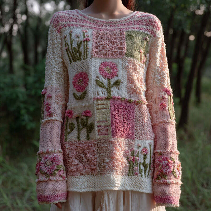 Vintage Cottagecore Floral Patchwork Cozy Knitted Sweater