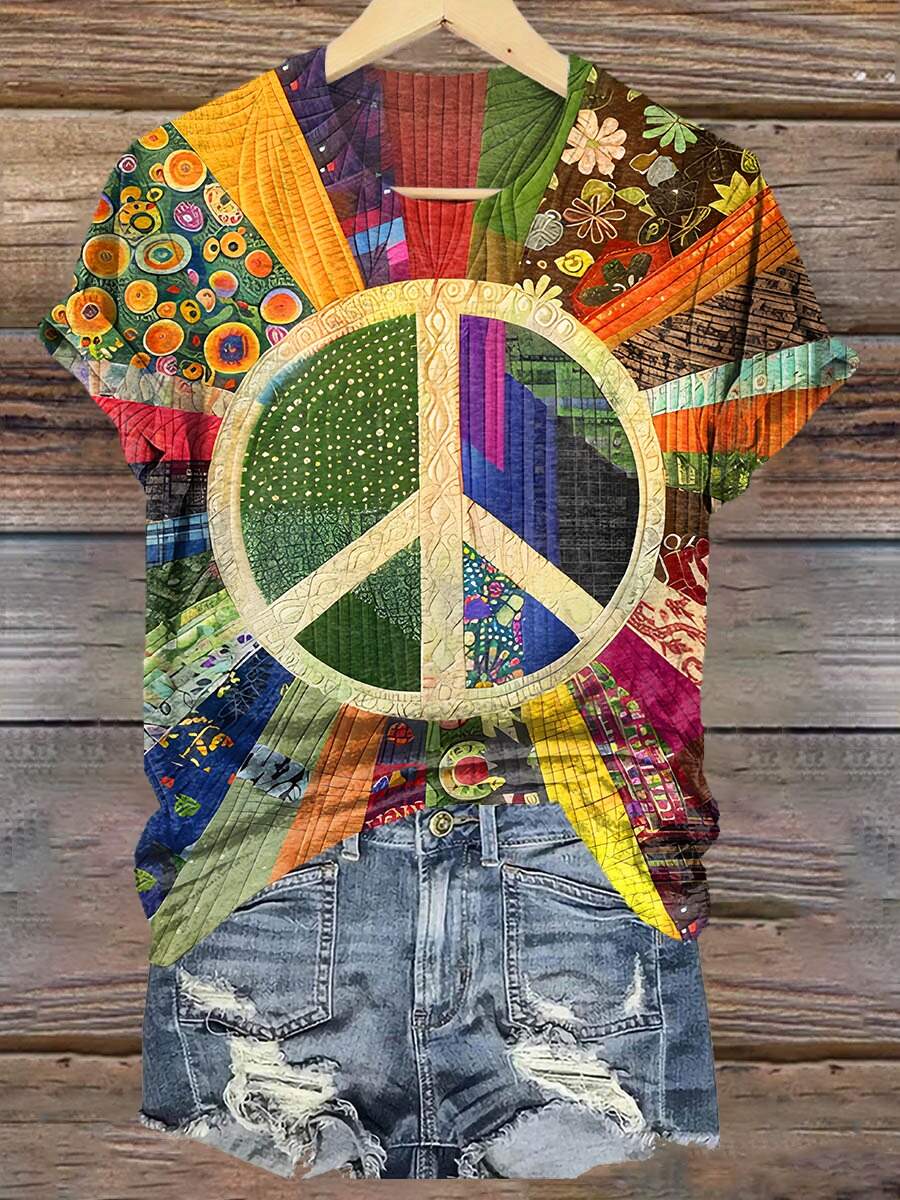 Women's Retro Peace Pattern Print Pocket Cotton Dress