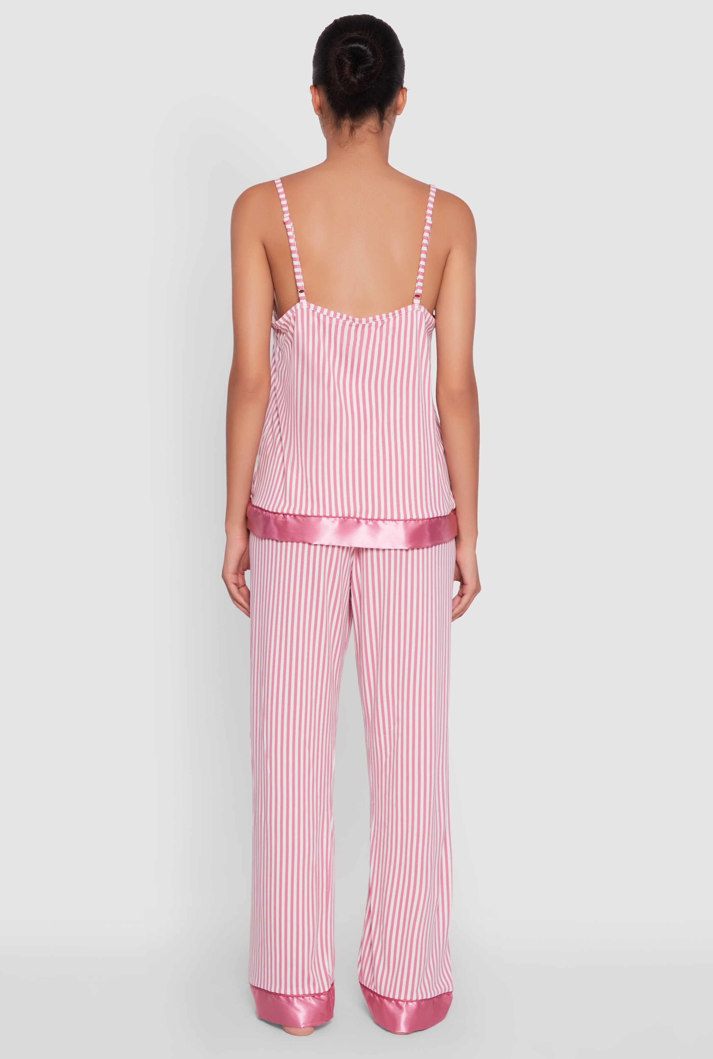 Striped Satin Trim Pajama Cami and Pants