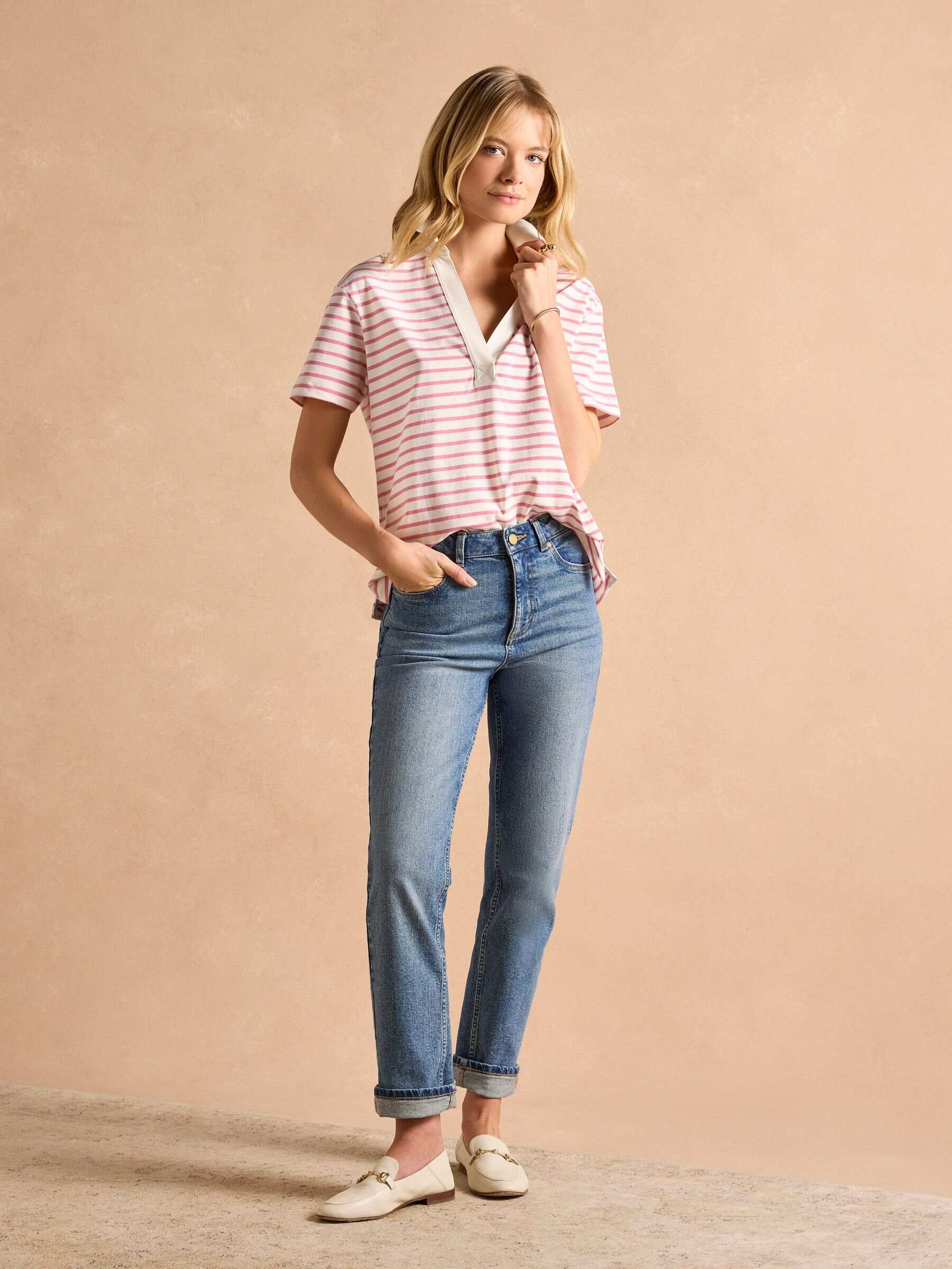 Tallie Pink/White Short Sleeve Combed 100% Cotton Collared Top