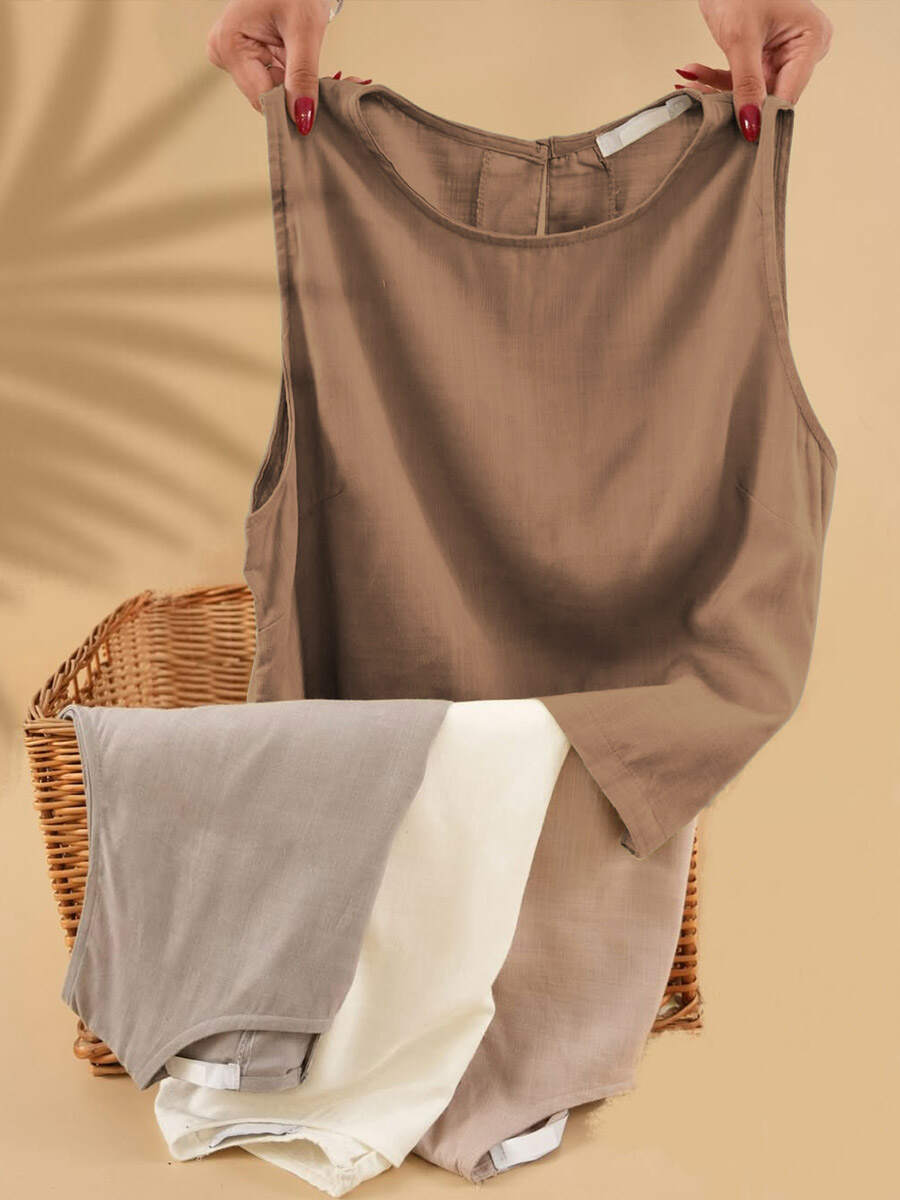 🔥Summer Arrivals🌟Women's Solid Color Round Neck Sleeveless Casual Linen Vest Top