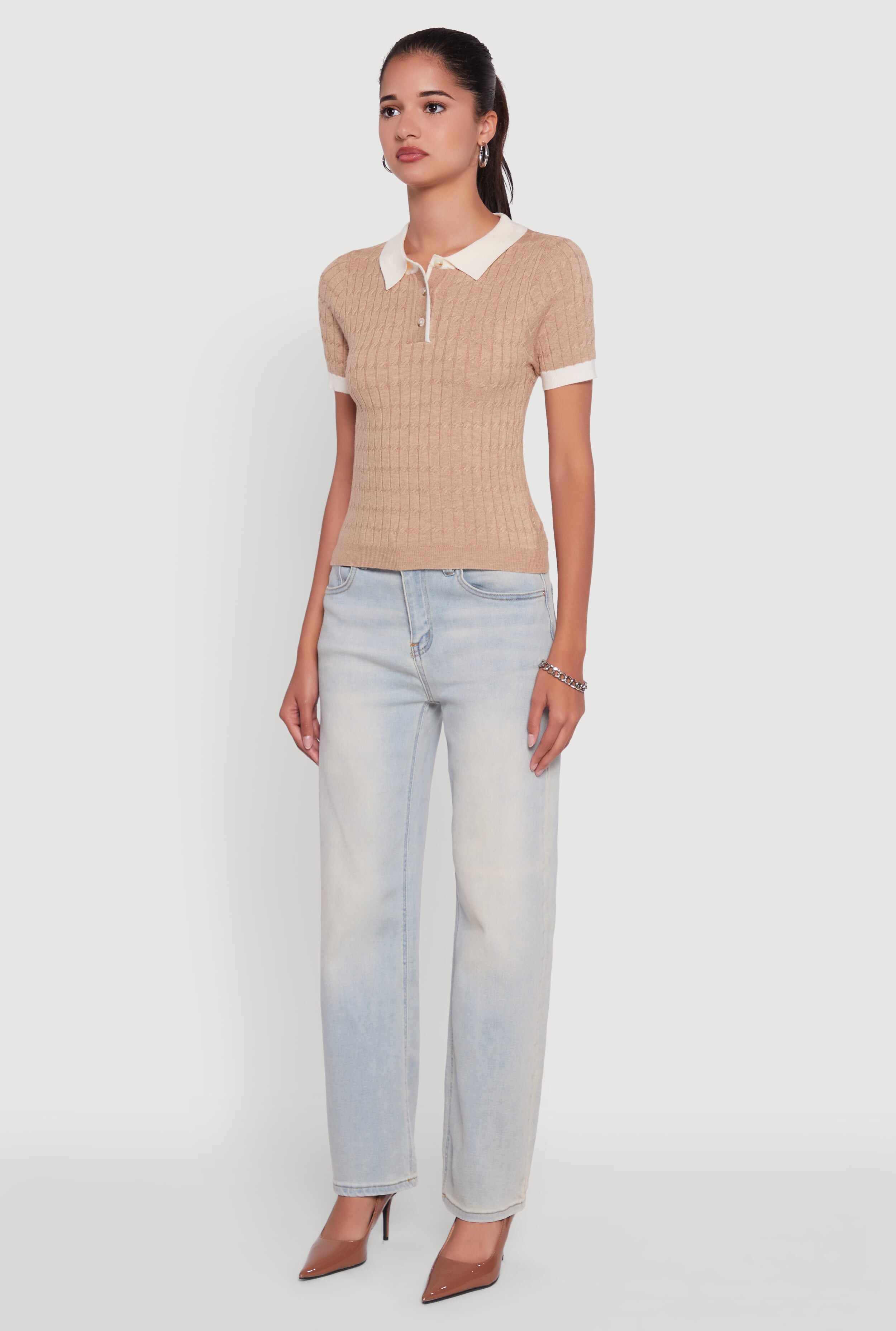 Contrast Trim Cable Knit Sweater Polo