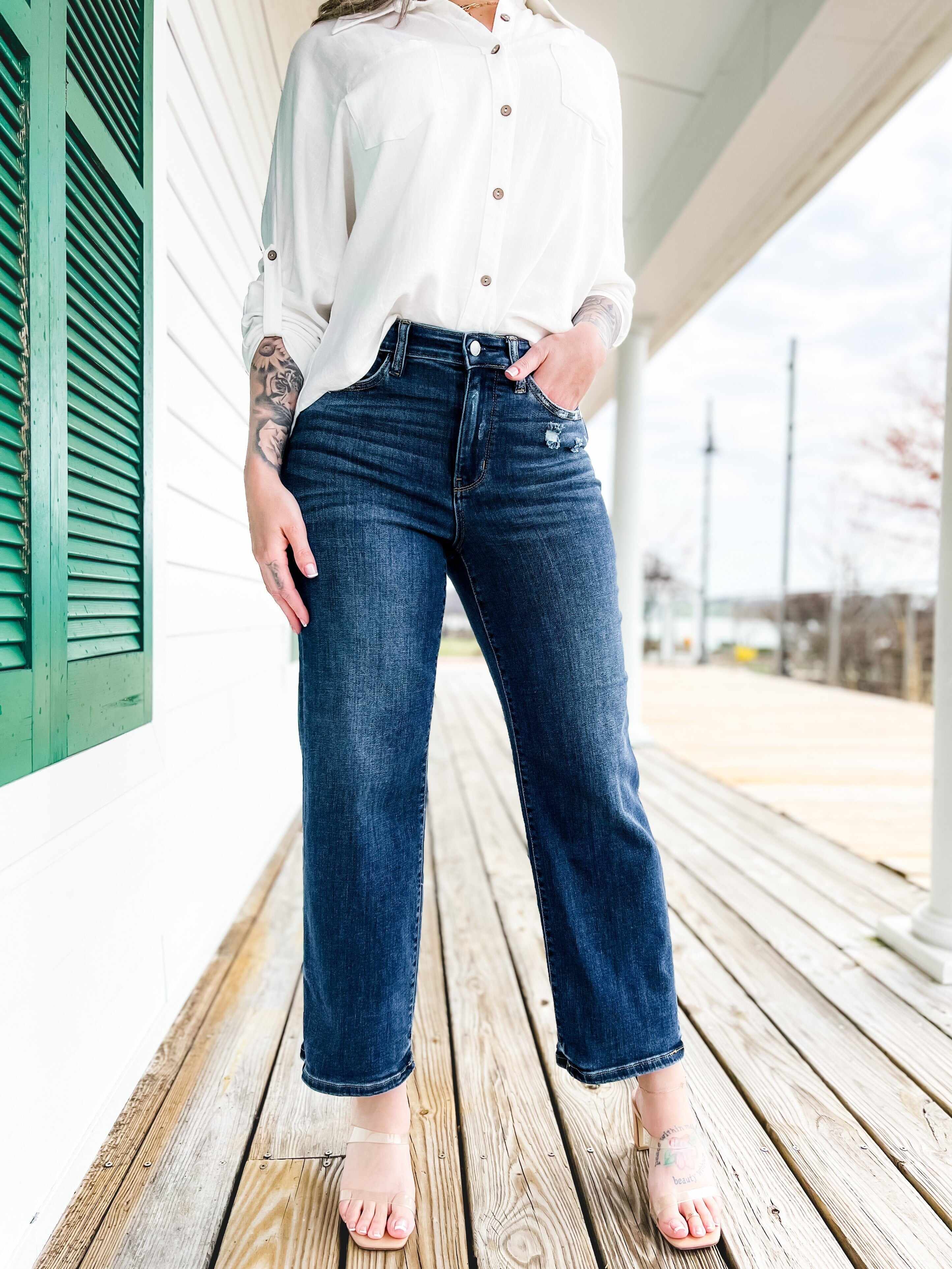 True Obsession Dark Wash Destroyed Pocket Wide Leg Jeans