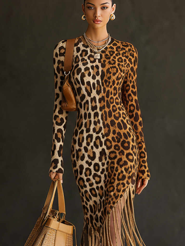 Brown Leopard Print Ribbed Knit Fringe Long Sleeve Bodycon Dress