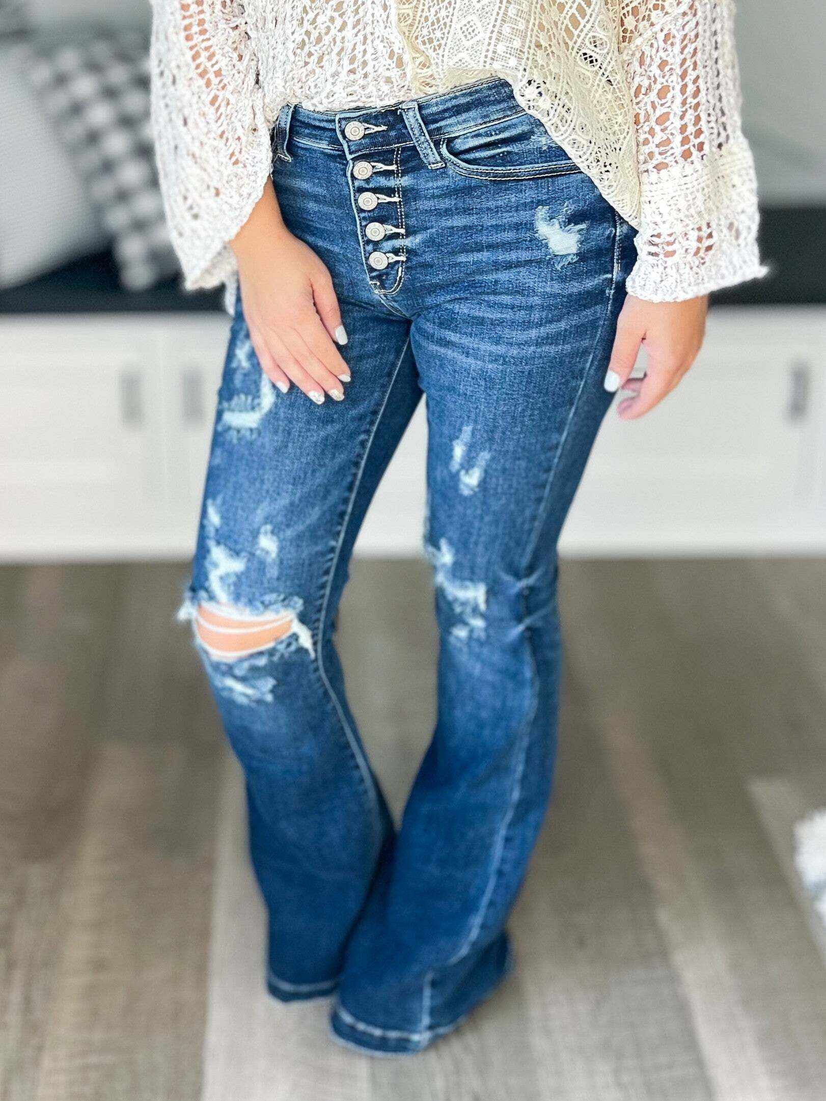 Long Weekend - Christmas Button Fly Trouser Flare Jeans- Final Sale