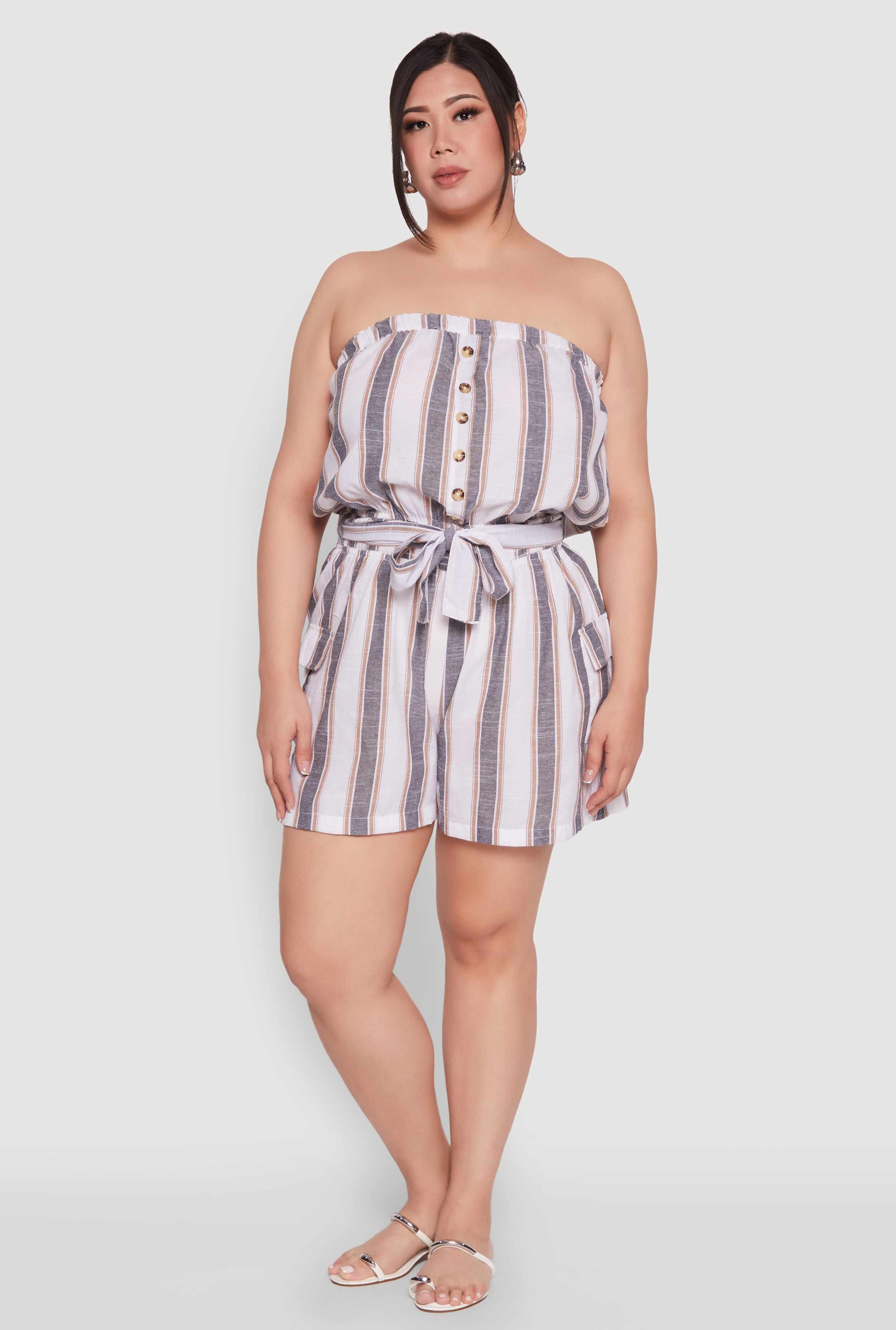 Plus Size Striped Tie Waist Belted Cargo Romper