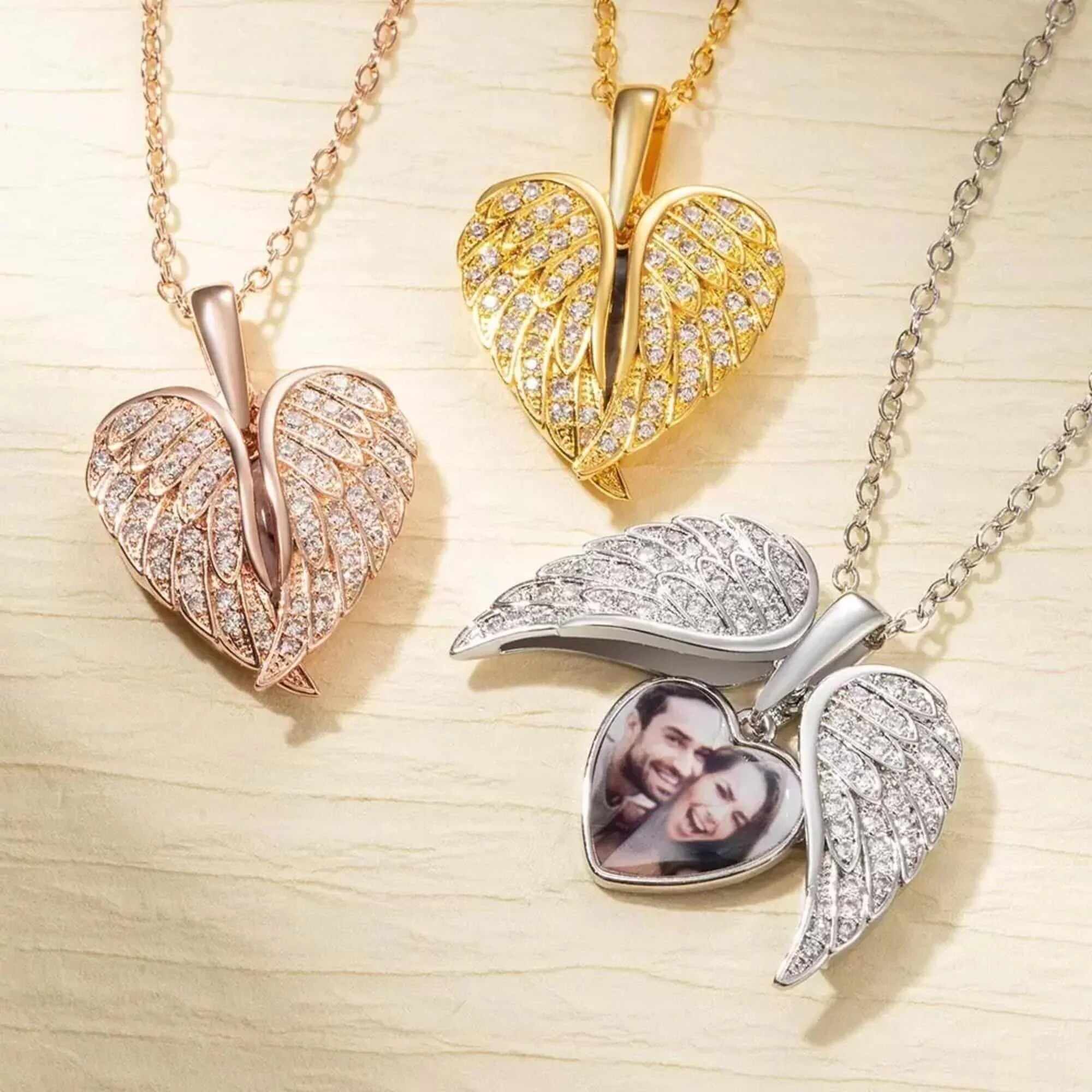 Heart Shape Angel Wing Photo Locket Necklace Anniversary Birthday Gift for Women