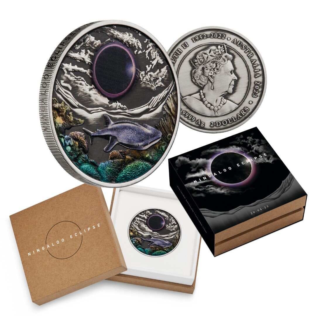 Ningaloo Eclipse 2023 2oz Silver Antiqued Coloured Coin
