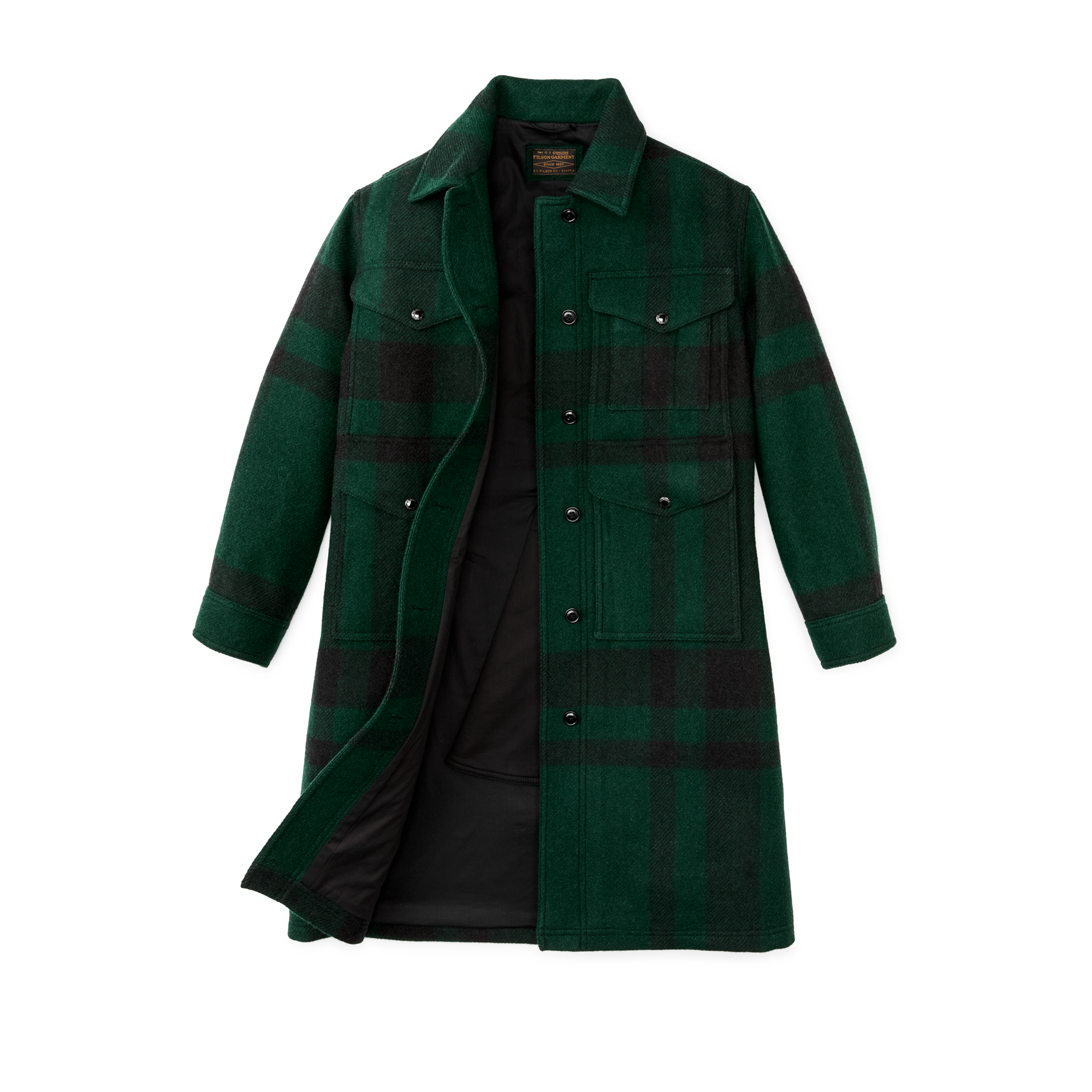 Women's Wool Long Cruiser Coat - Otter Green / Black Plaid
