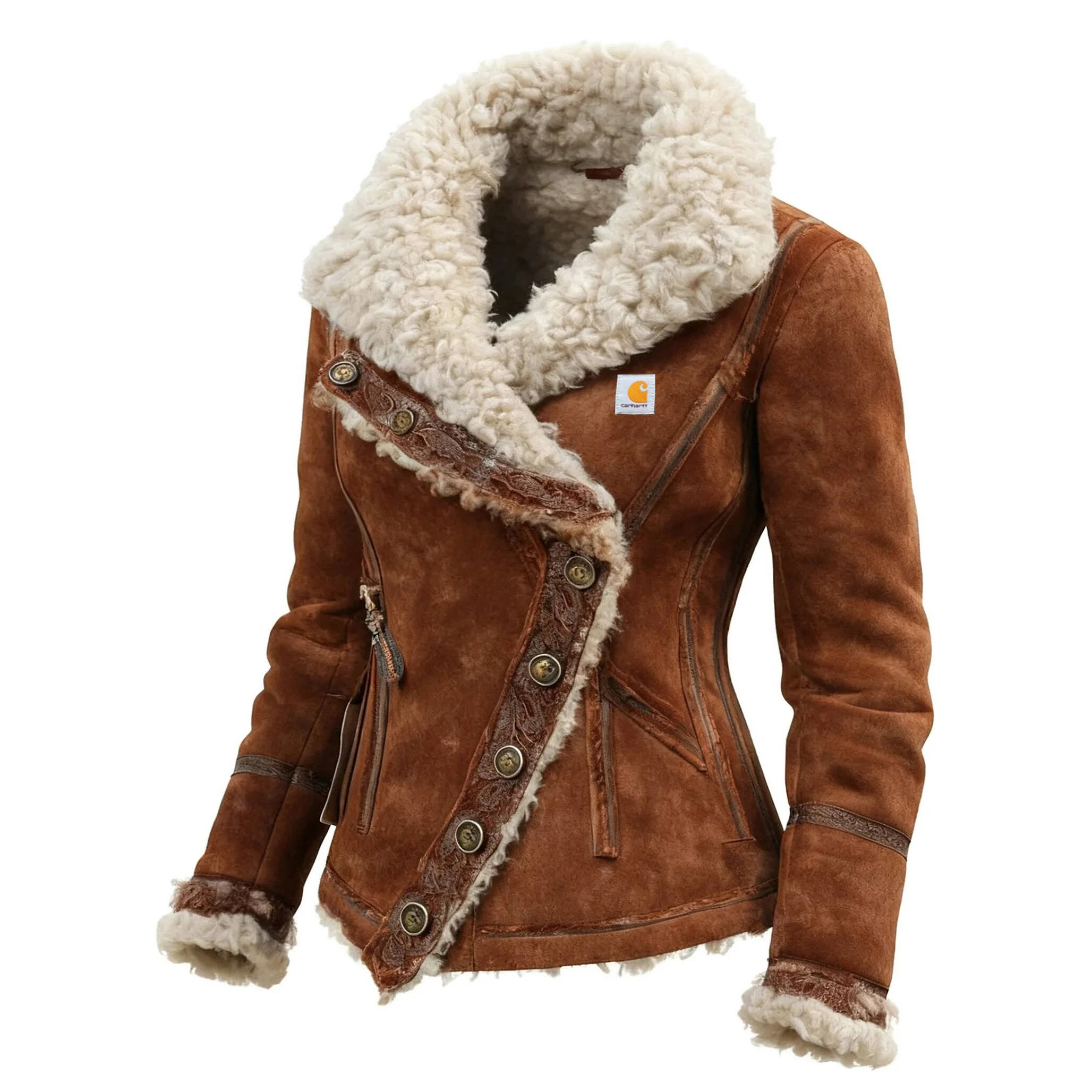 Women's Vintage Suede Oblique Button Design Coat Fur Collar Lapel Coat Beggar Style Coat