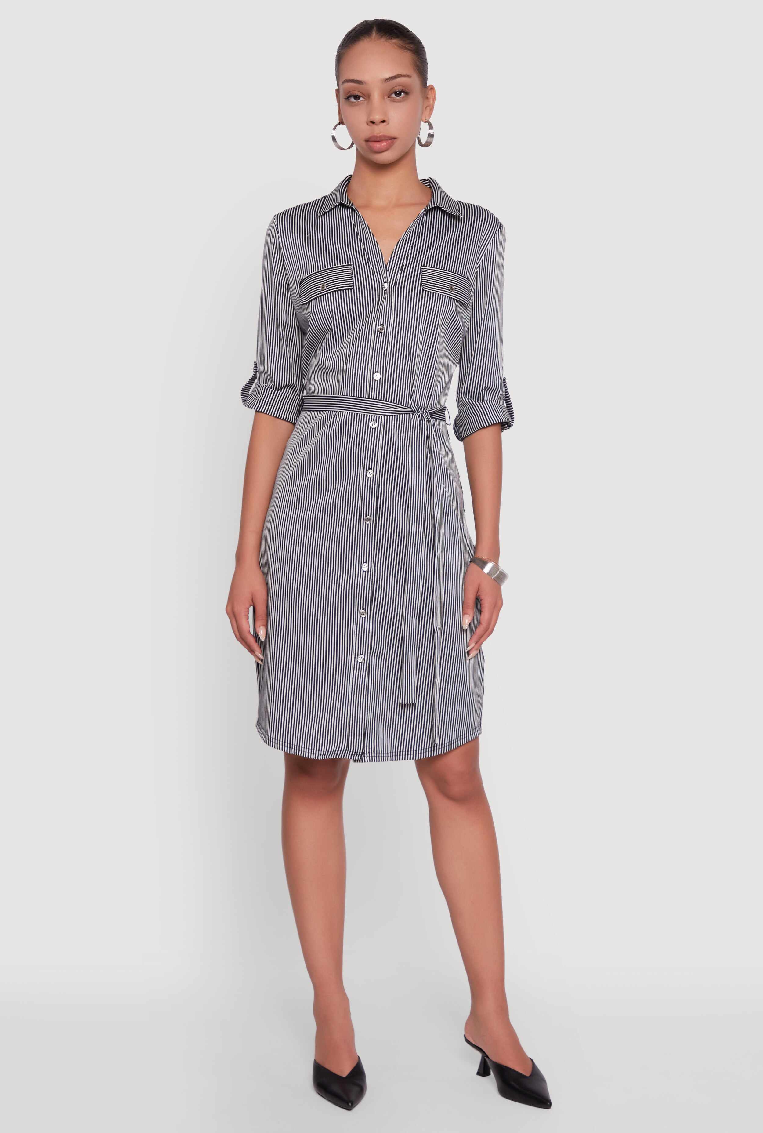 Striped Button Front Shirt Dress with Tie Waist Belt