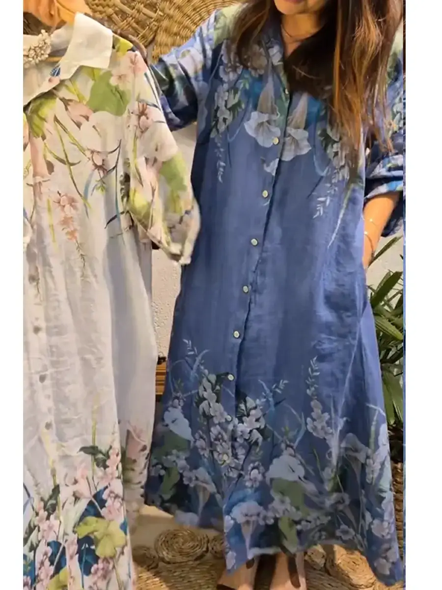 🔥Summer Arrivals🌟Women's Loose Casual Floral Print Cotton Linen Shirt Dress