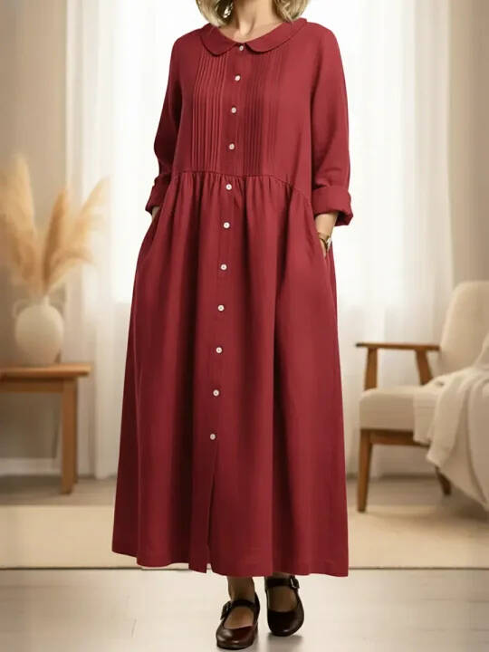 🔥Summer Arrivals🌟Women's Peter Pan Collar Long-sleeved Cotton And Linen Dress