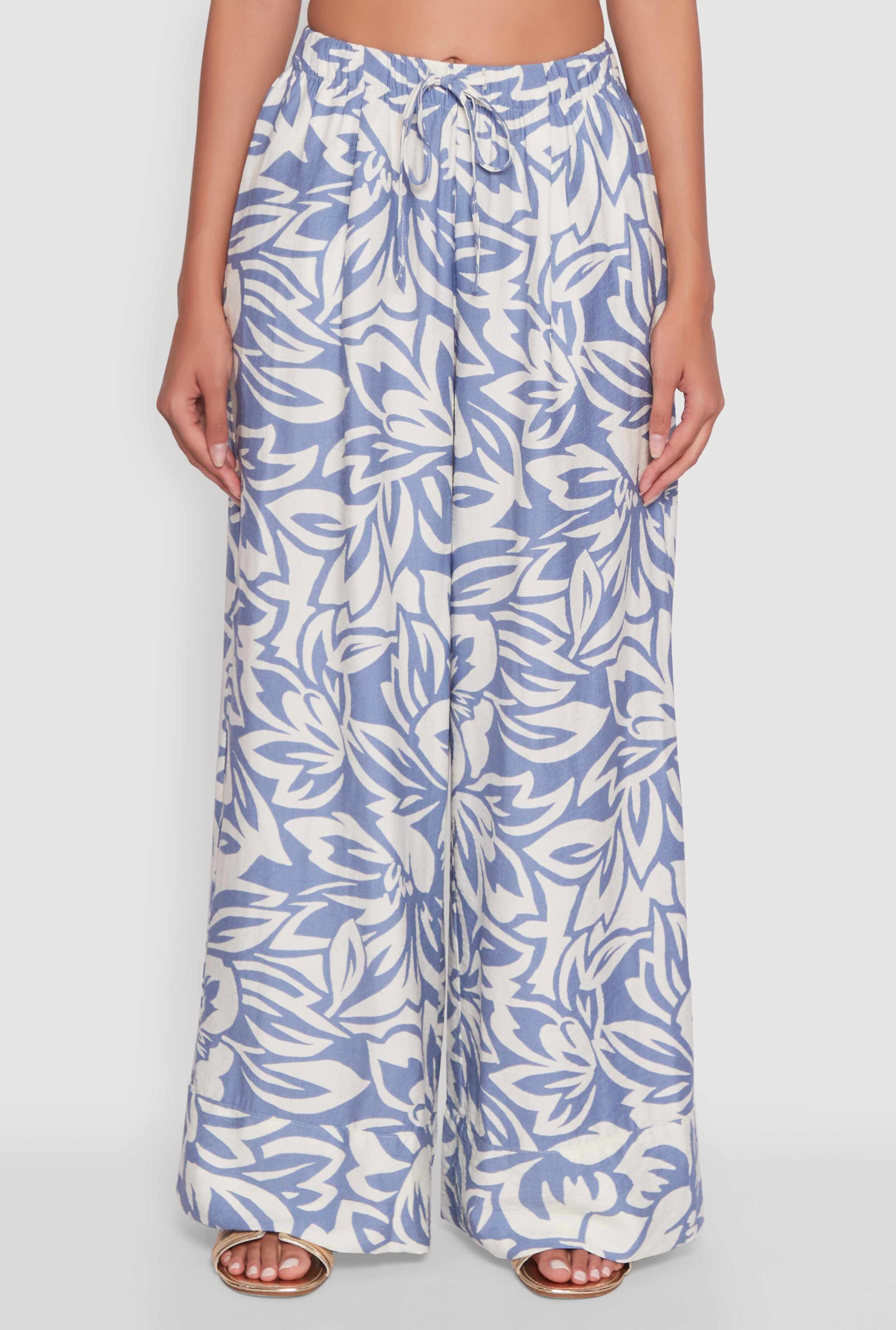 Crepe Knit Floral Palazzo Pants with Drawstring Waist
