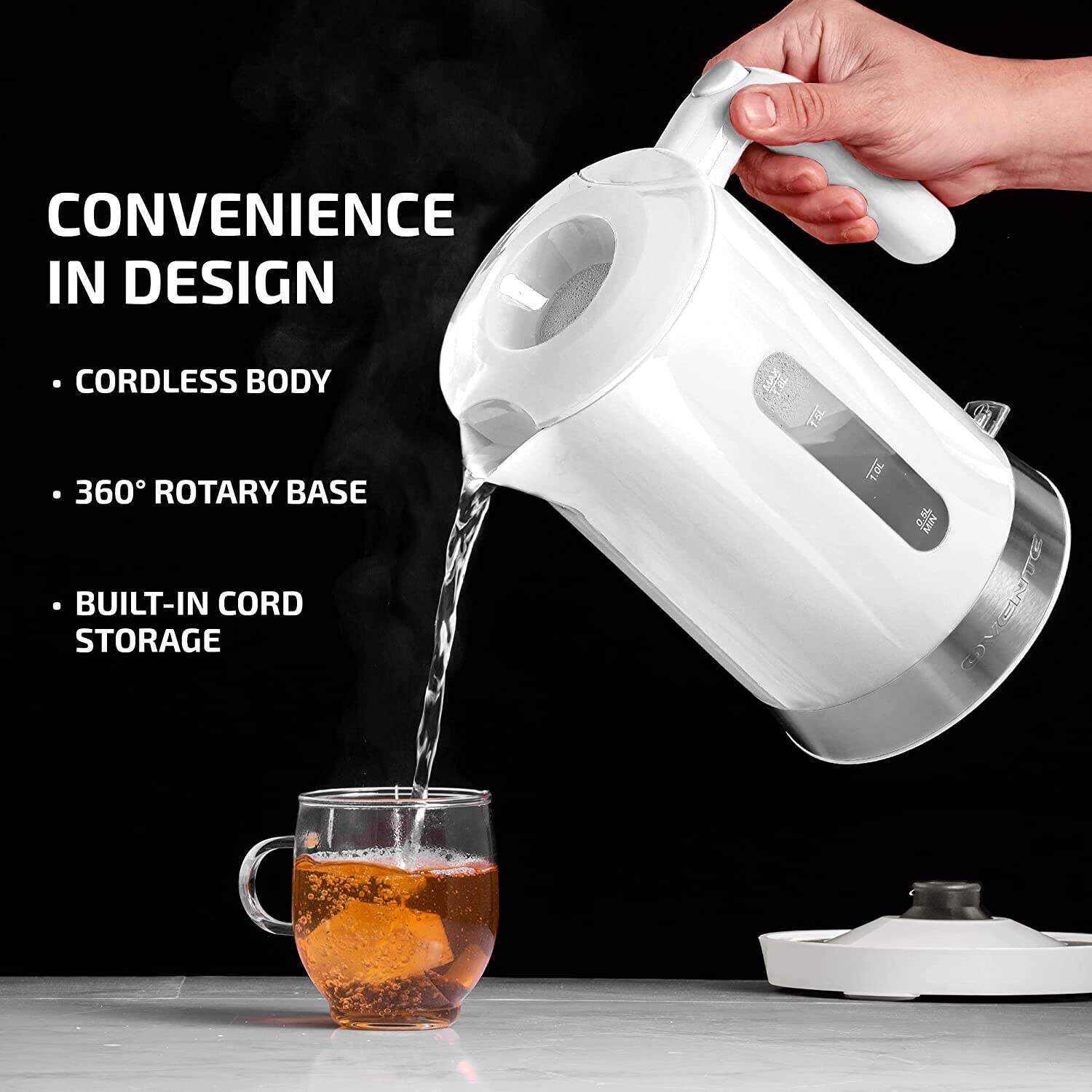OVENTE Electric Kettle Hot Water Heater 1.7 Liter - BPA Free Fast Boiling Cordless Water Warmer - Auto Shut Off Instant Water Boiler for Coffee & Tea Pot - White KP72W