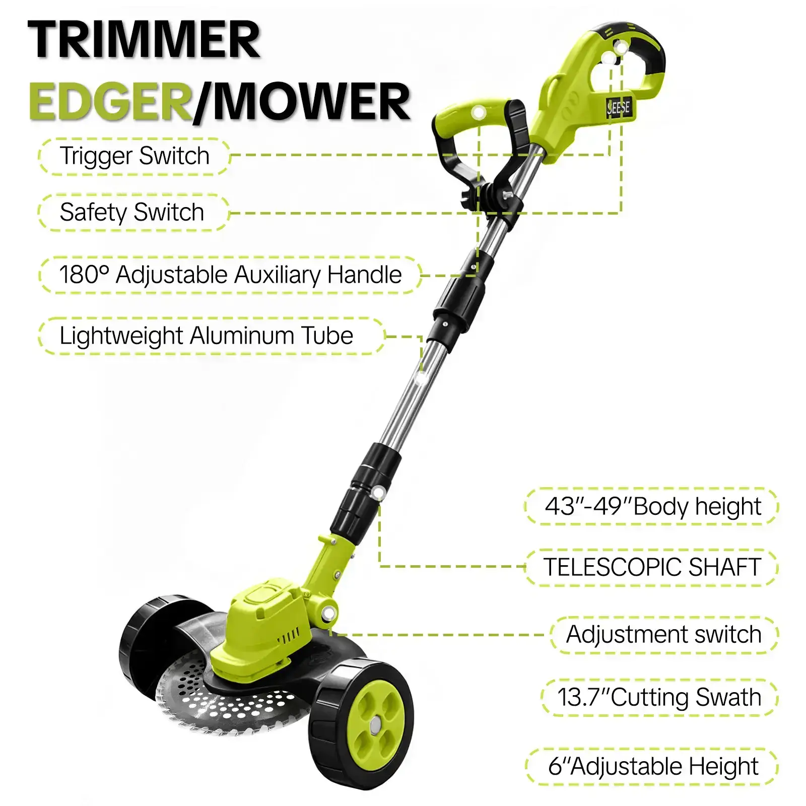Cordless Lawn Mower, Garden Tool (Mower, Trimmer, Edger) with 2×21V Batteries, Lightweight for Small to Medium Backyards