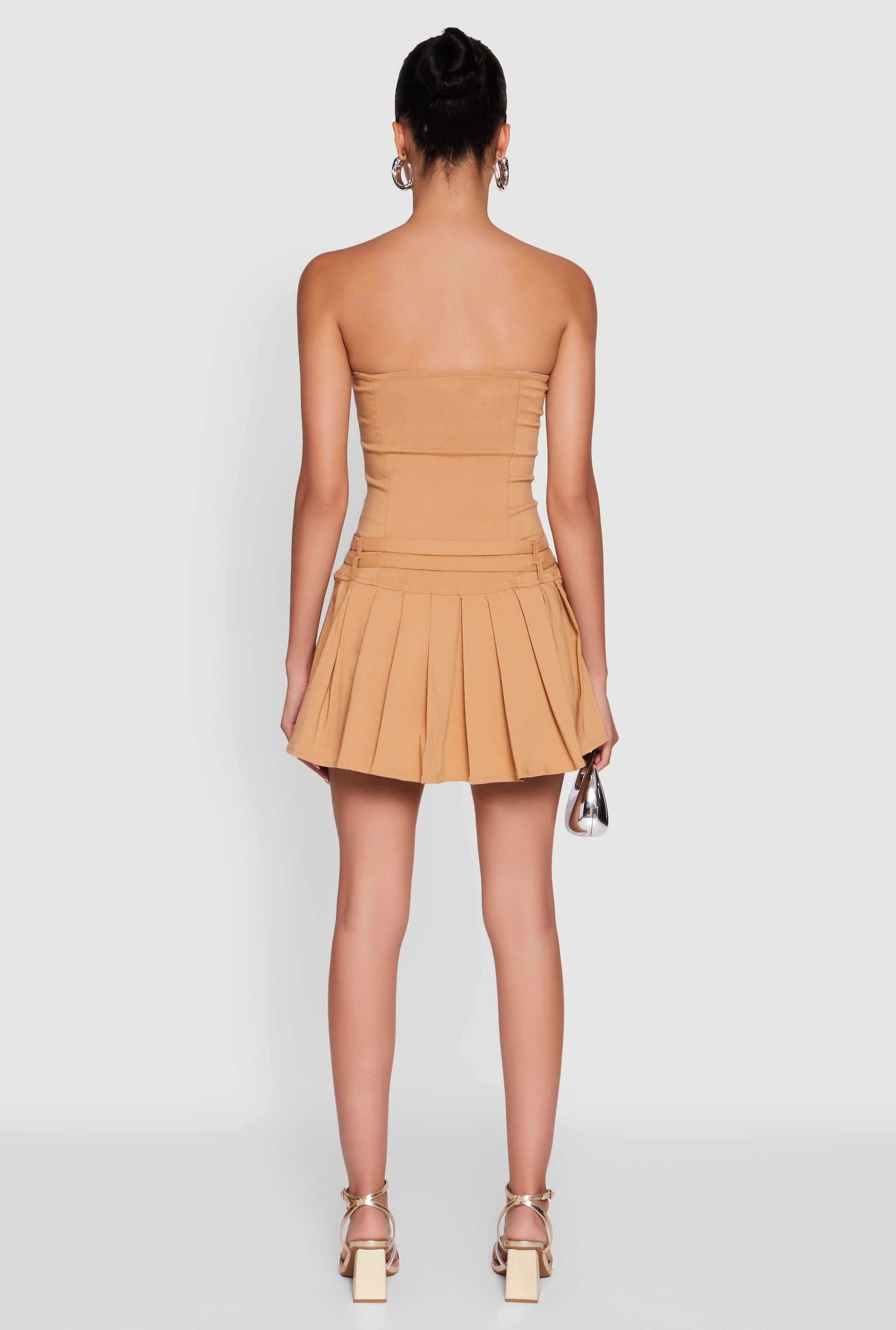 Double Belted Pleated Tube Skater Dress