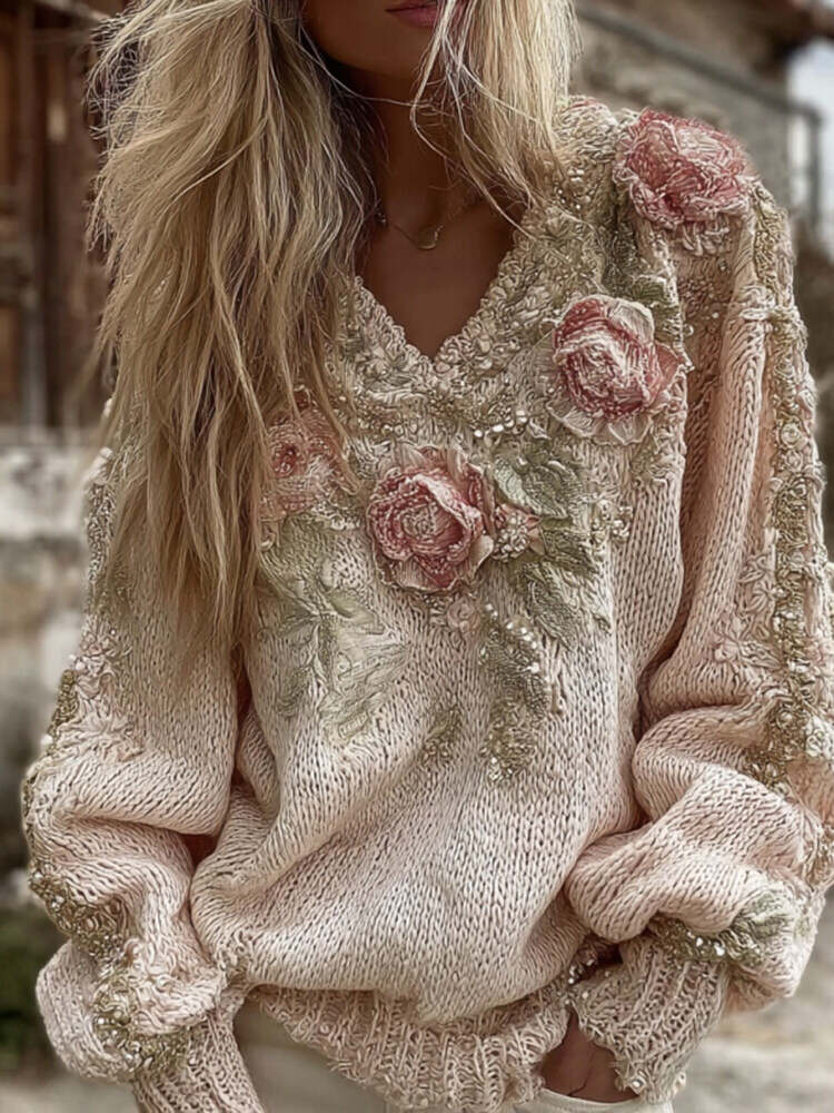 Women's Vintage Pink Rose Art V-neck Cozy Pullover Sweater